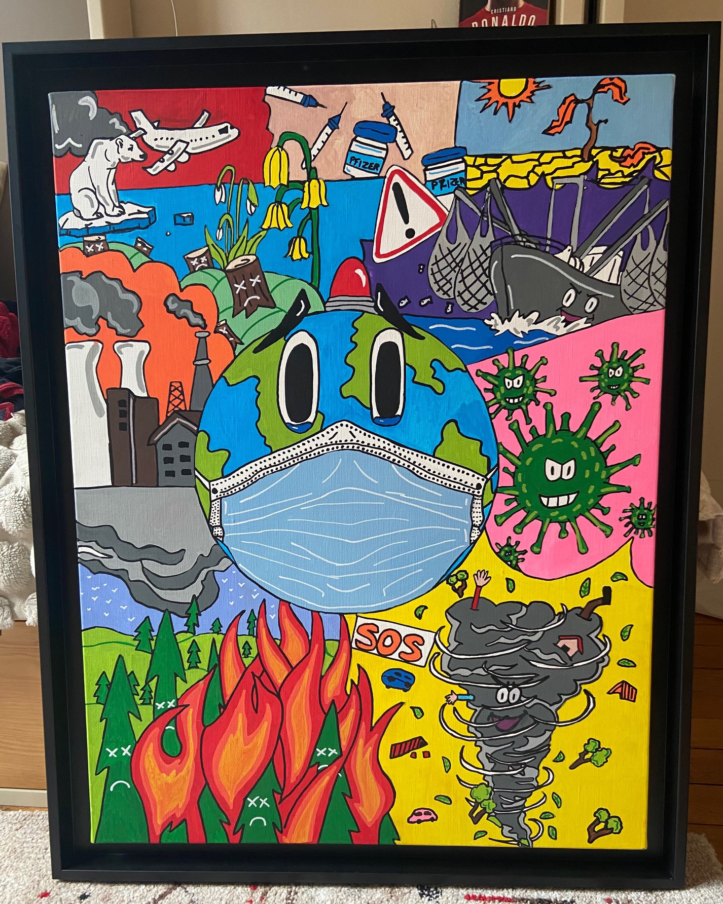 Toile  marqueurs acryliques, format,  65X50 cm, "Agissons!", 