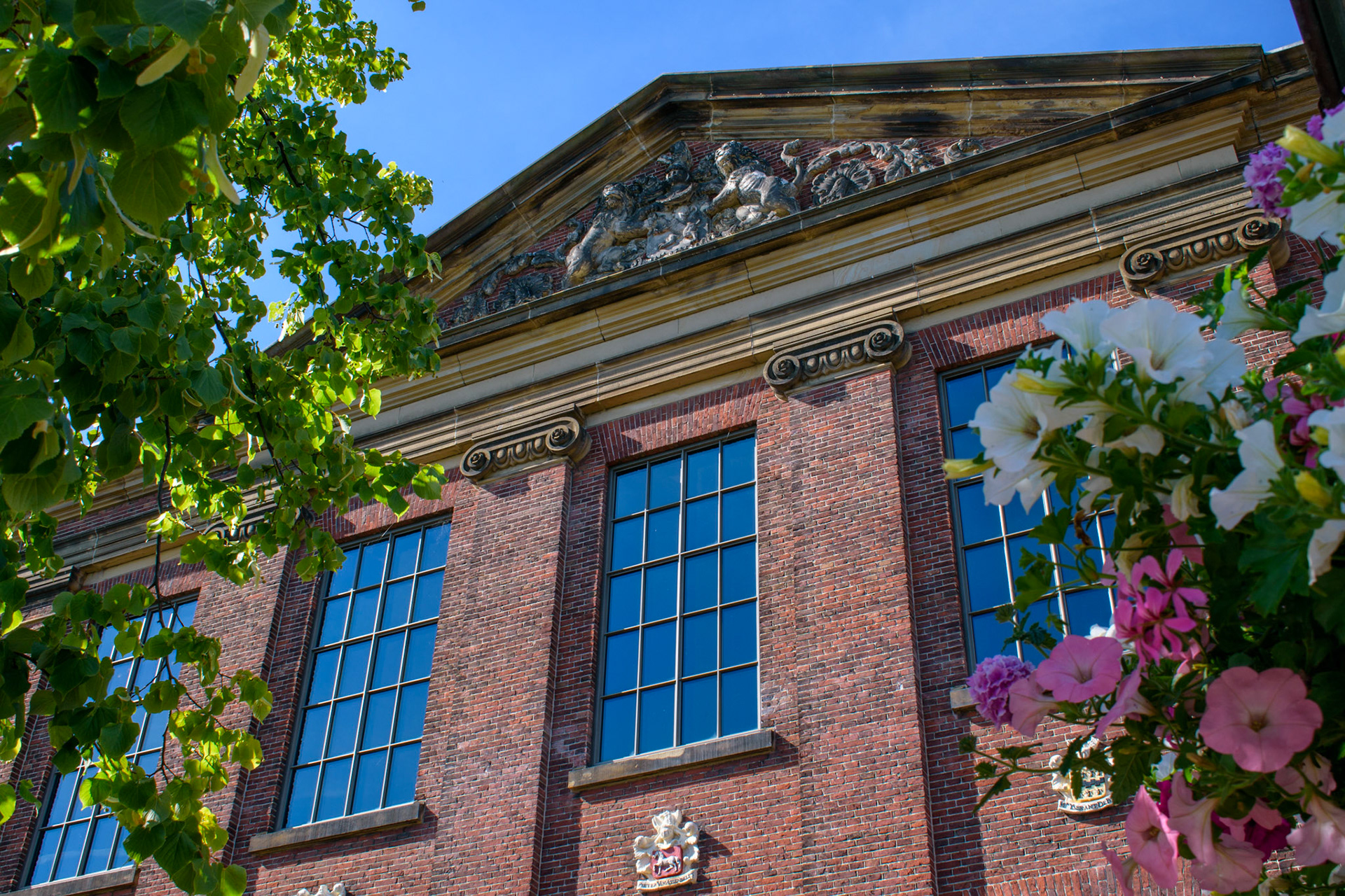Building behind flowers