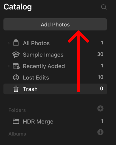 Screenshot of adding photos to Luminar Neo software.