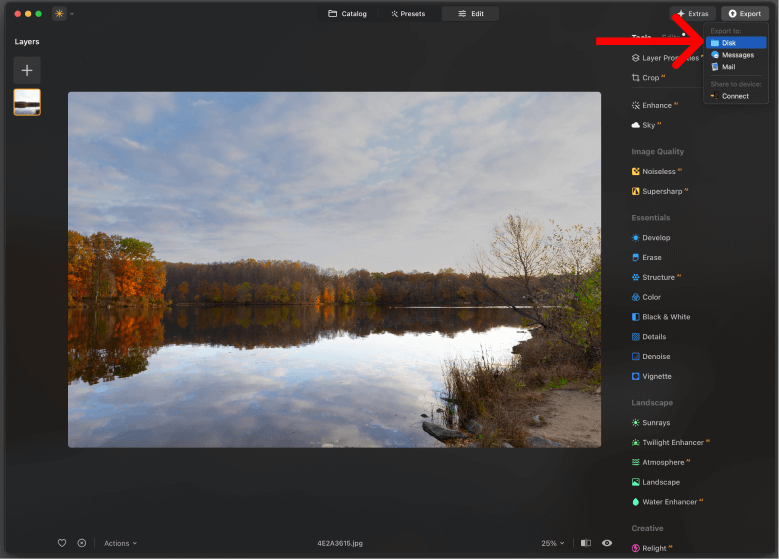 Screengrab of the Luminar Neo interface with the Export option active in exporting the finished/final image to a desired disk destination.