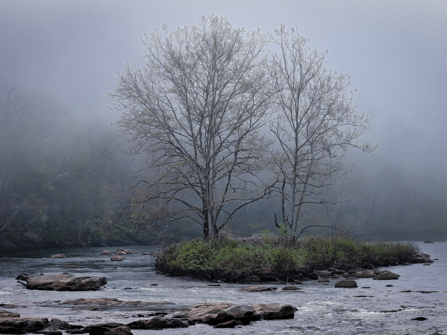 A mysterious foggy morning shrouds the Youghiogheny River in Ohiopyle, Pennsylvania.