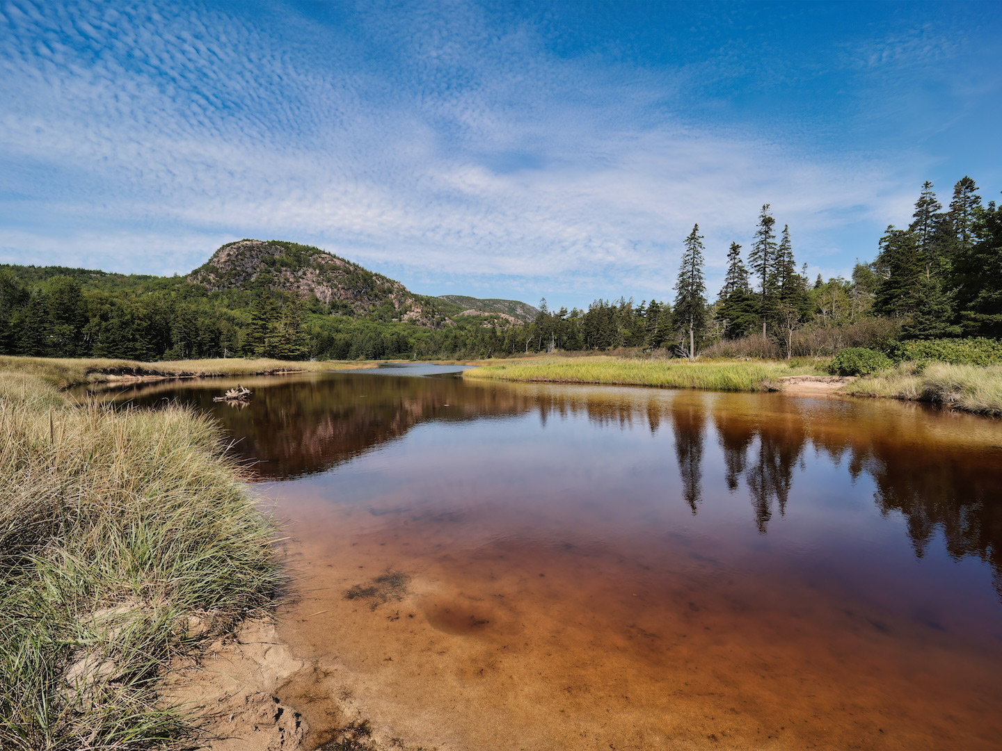 View of Beehive Lagoon, a body of water located adjacent to Sand Beach within Acadia National Park, Maine, showing the lagoon with its natural surroundings.