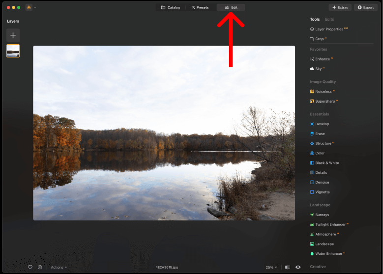 Screengrab of the Luminar Neo interface with the Edit button highlighted.