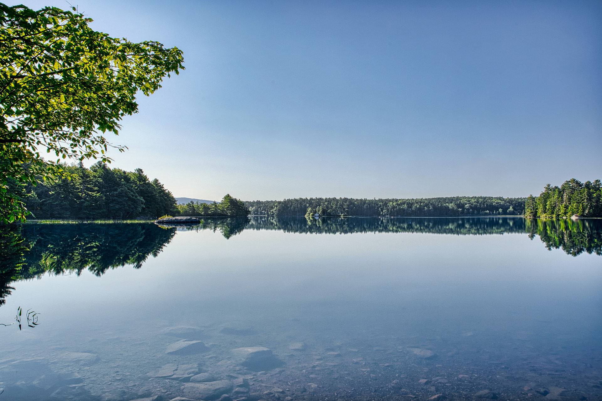 A picturesque, early morning view over clear water at Somes Pond, Maine, with the scene accented by a coastline of beautiful trees.
