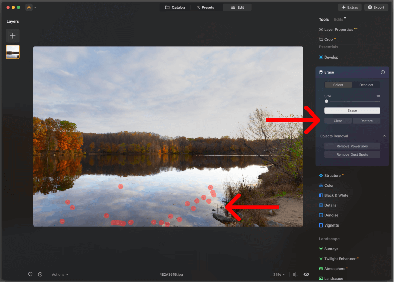 Screengrab of the Luminar Neo interface with the Erase panel slider active within the Develop panel. A number of red spots are identified for removal.