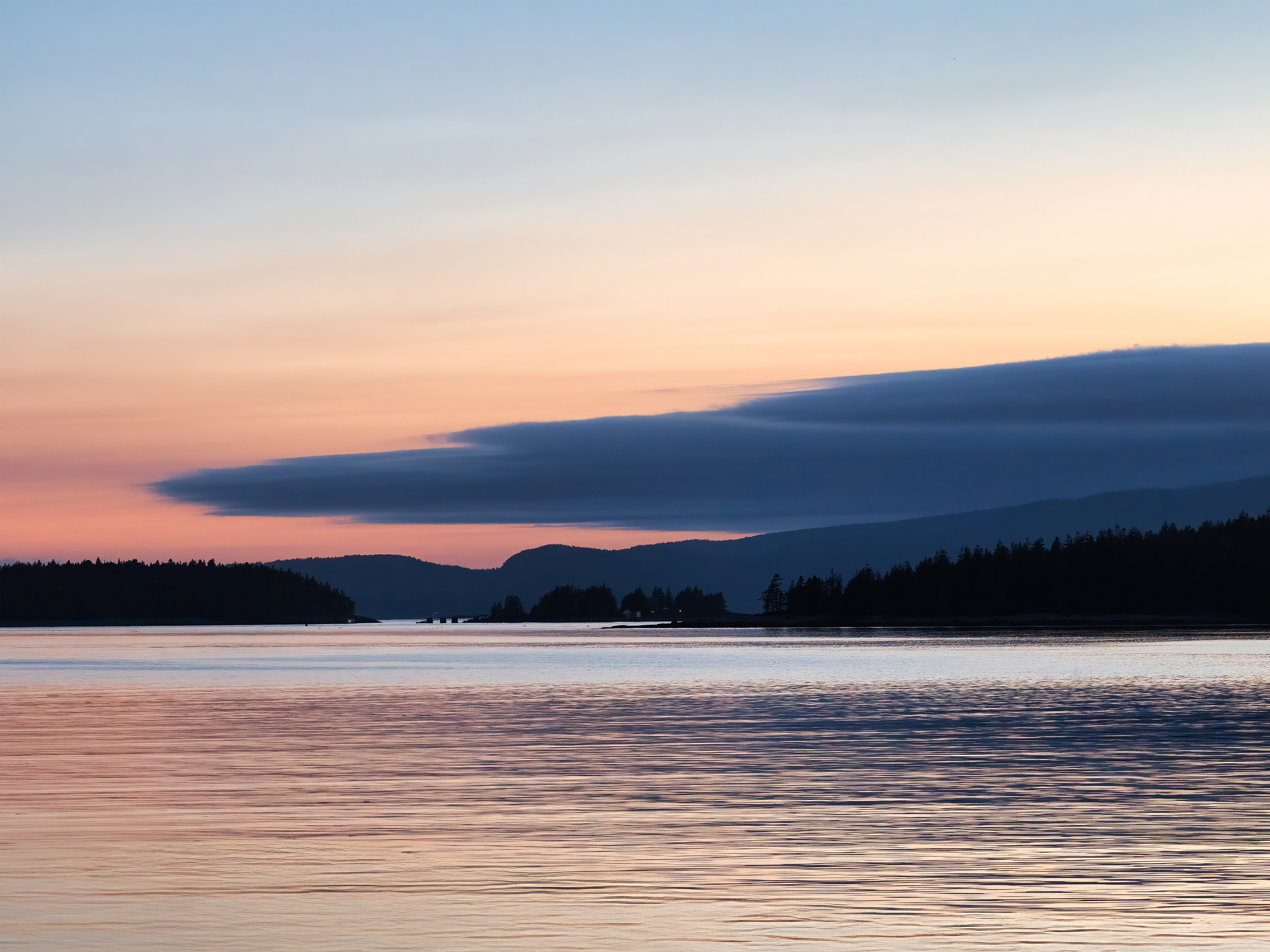 Sunset-laced colors mark a beautiful conclusion to the day at Frazer Point, Maine.