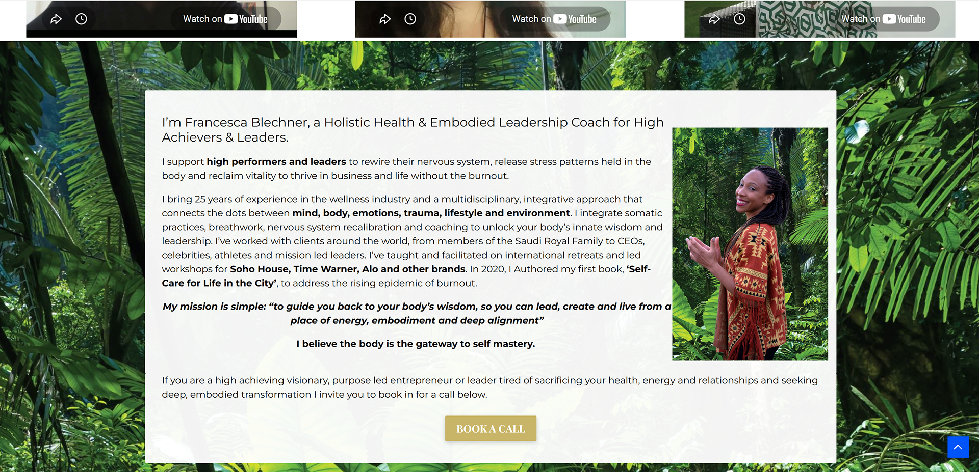 Portrait of a Holistic Coach Francessca Blechner standing among  a forest, wearing a patterned red and orange poncho. Branding image by Cj Swaby Photography