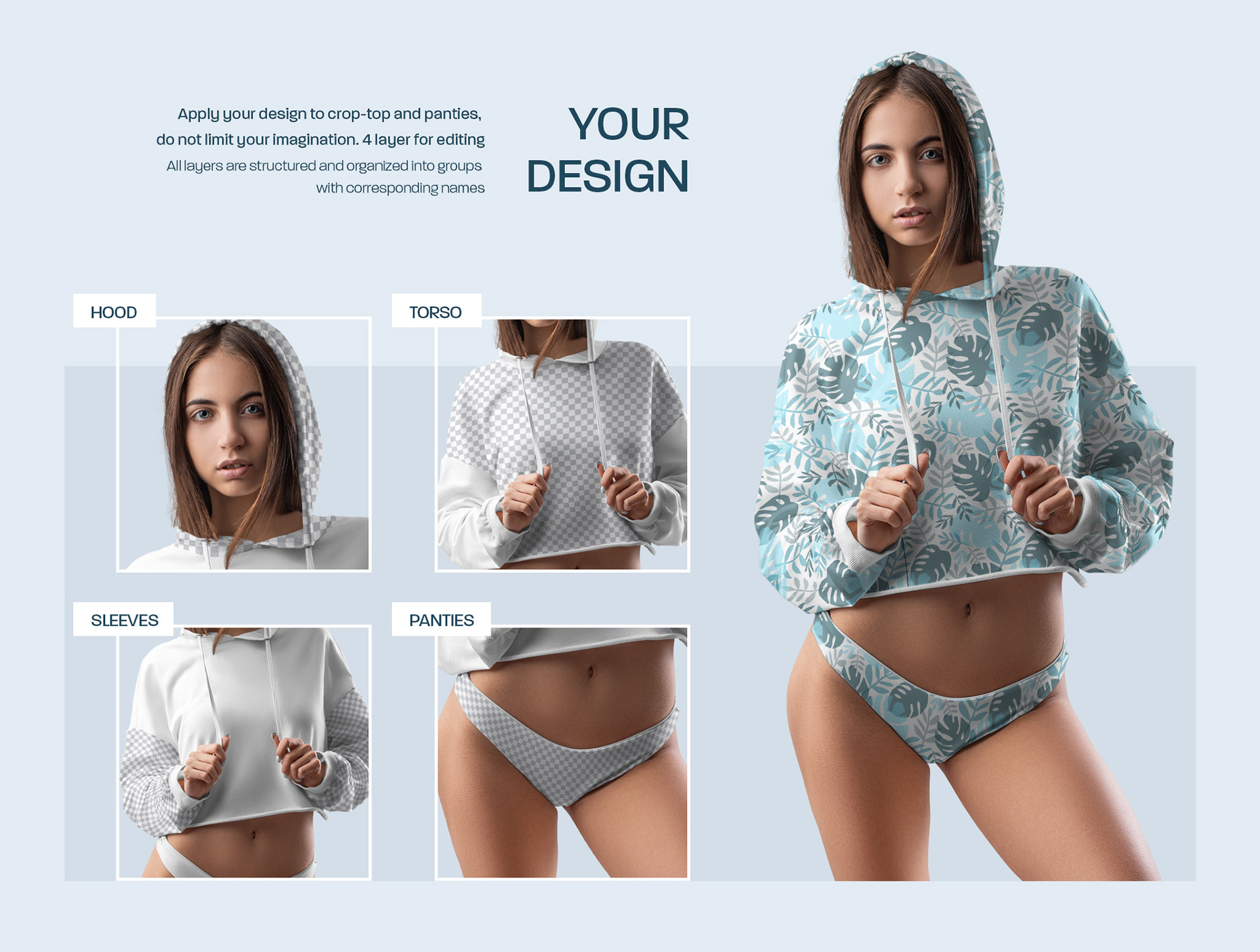 Woman Crop-Top Hoodie and Bikini MockUp