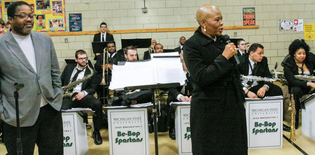 Michigan State University Jazz studies director Professor Rodney Whitaker & South African visitor speaking to Shabazz students
