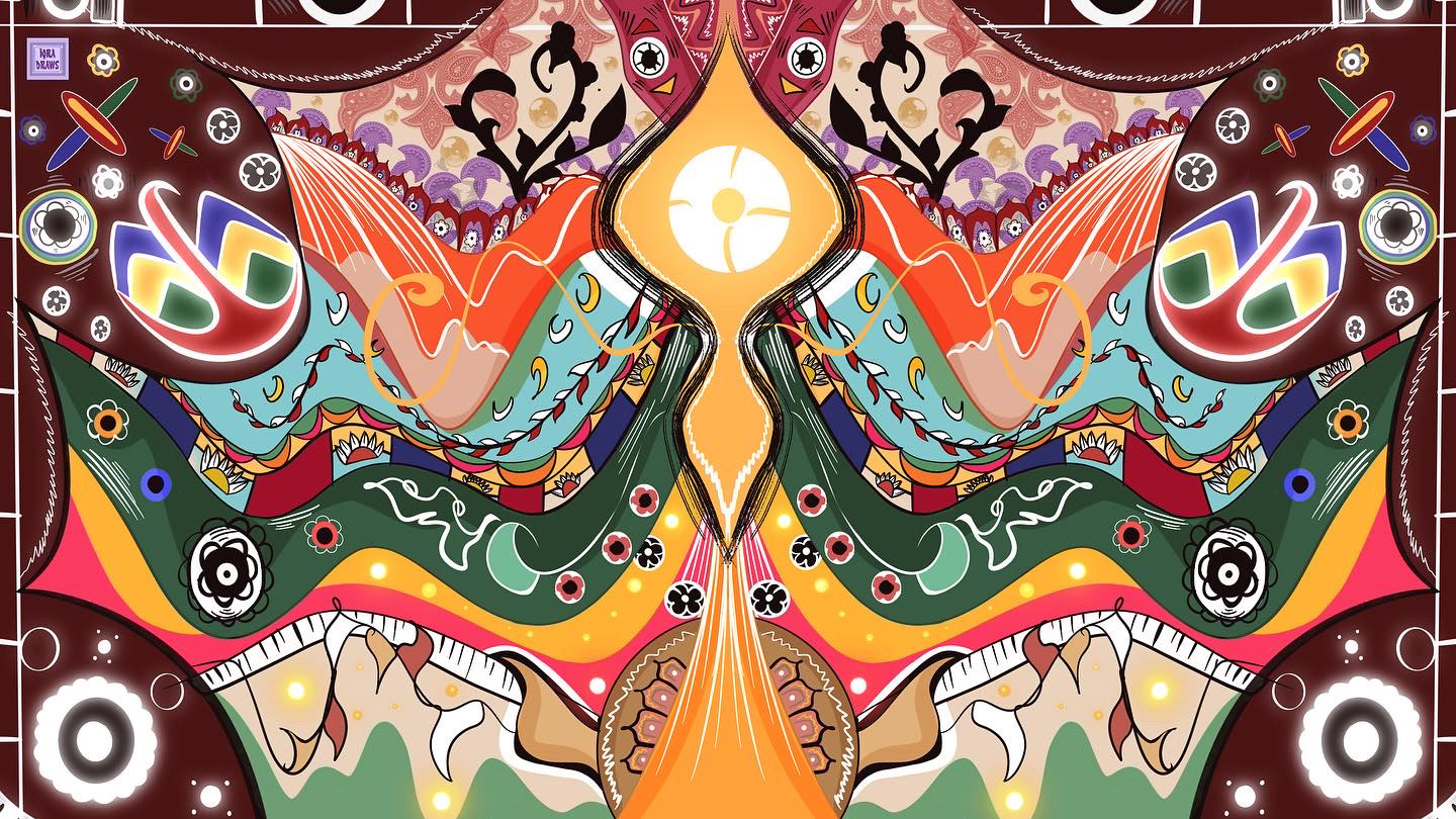 Vasl - وصل (vasl) in Urdu essentially means ملنا (milna) or ملاقات (mulaaqaat), which translates to "meeting" or "union". It also encompasses the idea of اتحاد (ittihad) or ملاپ (milap), meaning "connection" or "conjunction". This piece visually signifies the act of being united by merging numerous Pakistani forms of textiles, artistry and design, including Ajrak, truck art and Mughal artistry.