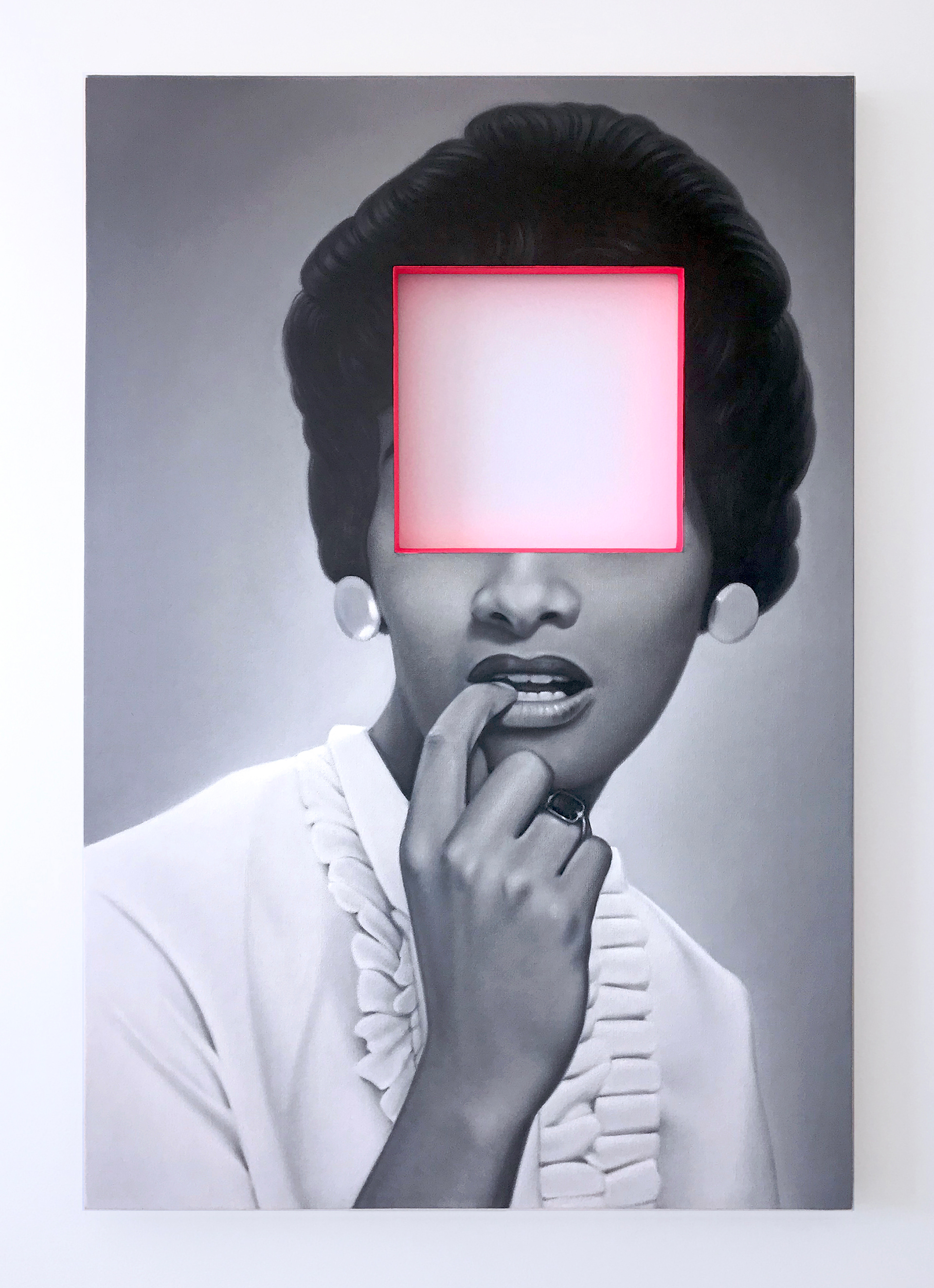 Mostly Psychological, 36 x 24 in, oil on canvas w/ fluorescent acrylic mounted on shaped panel, 2020,