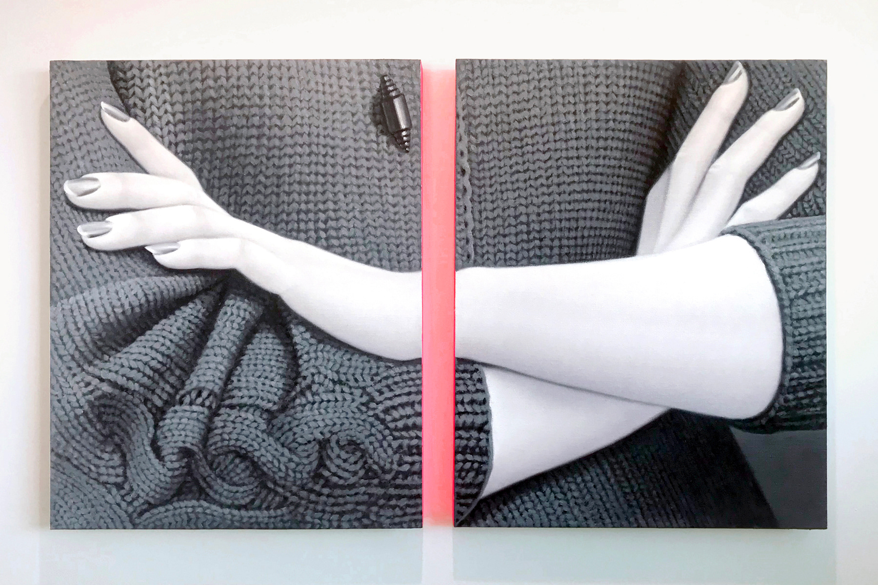 On the Other Hand (diptych), 20 x 33.5 in, oil on canvas w/ fluorescent acrylic mounted on panels, 2020