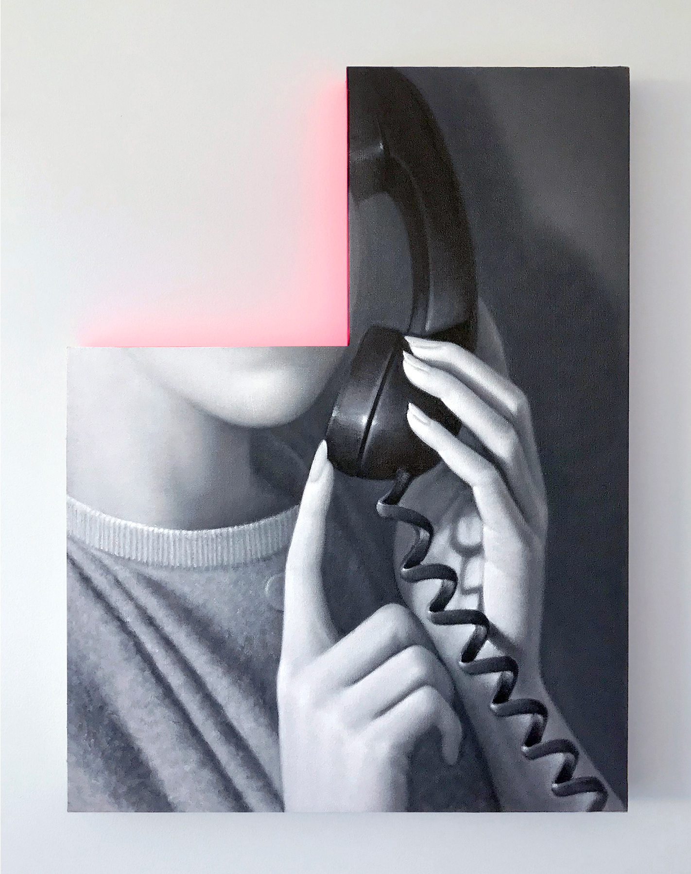 One Moment, 24 x 18 in, oil on canvas w/ fluorescent acrylic mounted on shaped panel, 2020