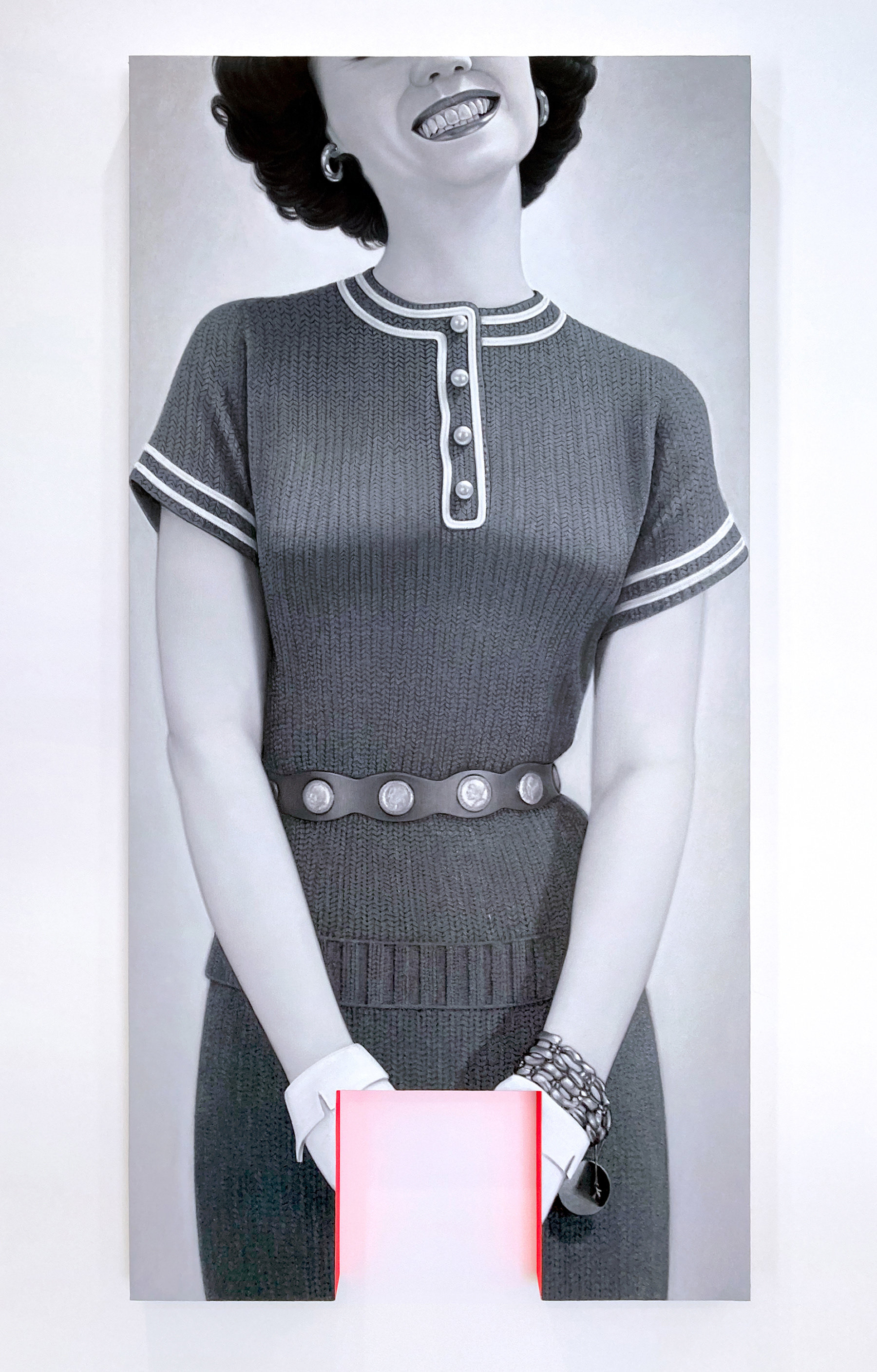 Pocketbook, 60 x 30 in, oil on canvas w/ fluorescent acrylic mounted on shaped panel, 2021