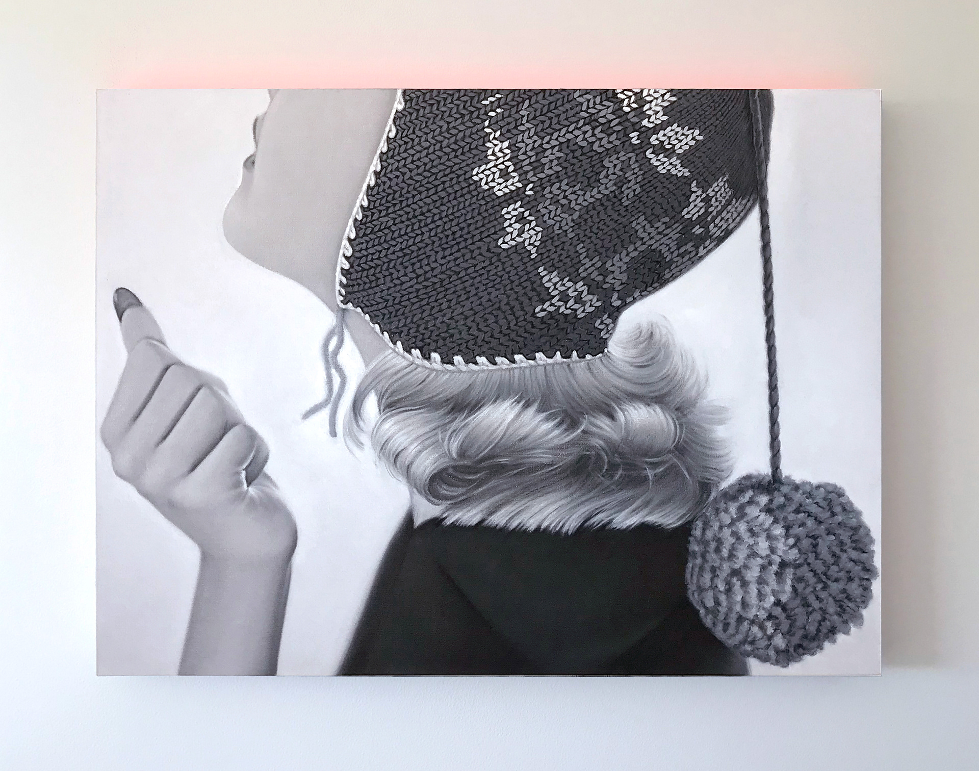 Pom Pon, 18 x 24 in, oil on canvas w/ fluorescent acrylic mounted on panel, 2020