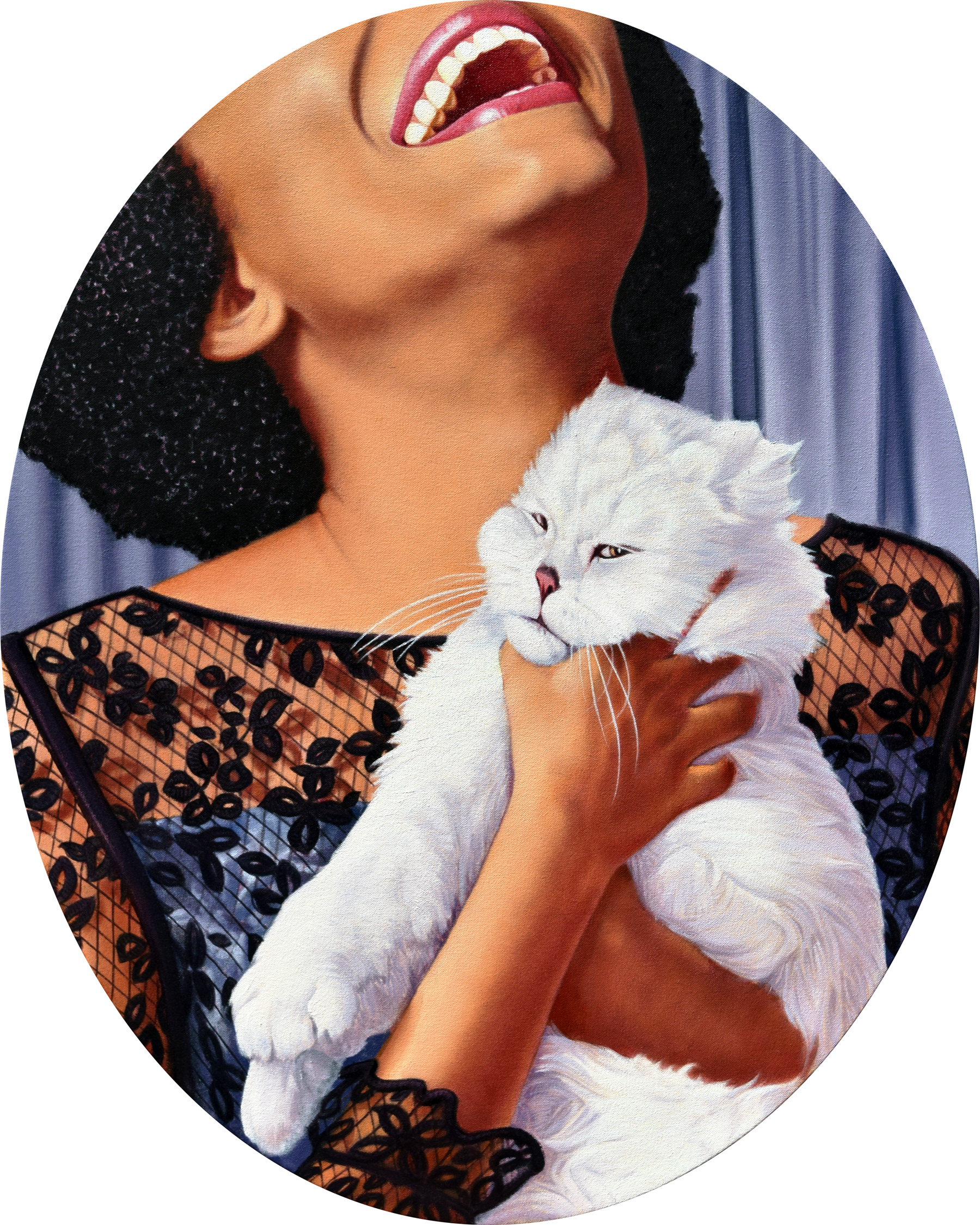 Snowball, 30 x 24 in oval, oil on canvas, 2019