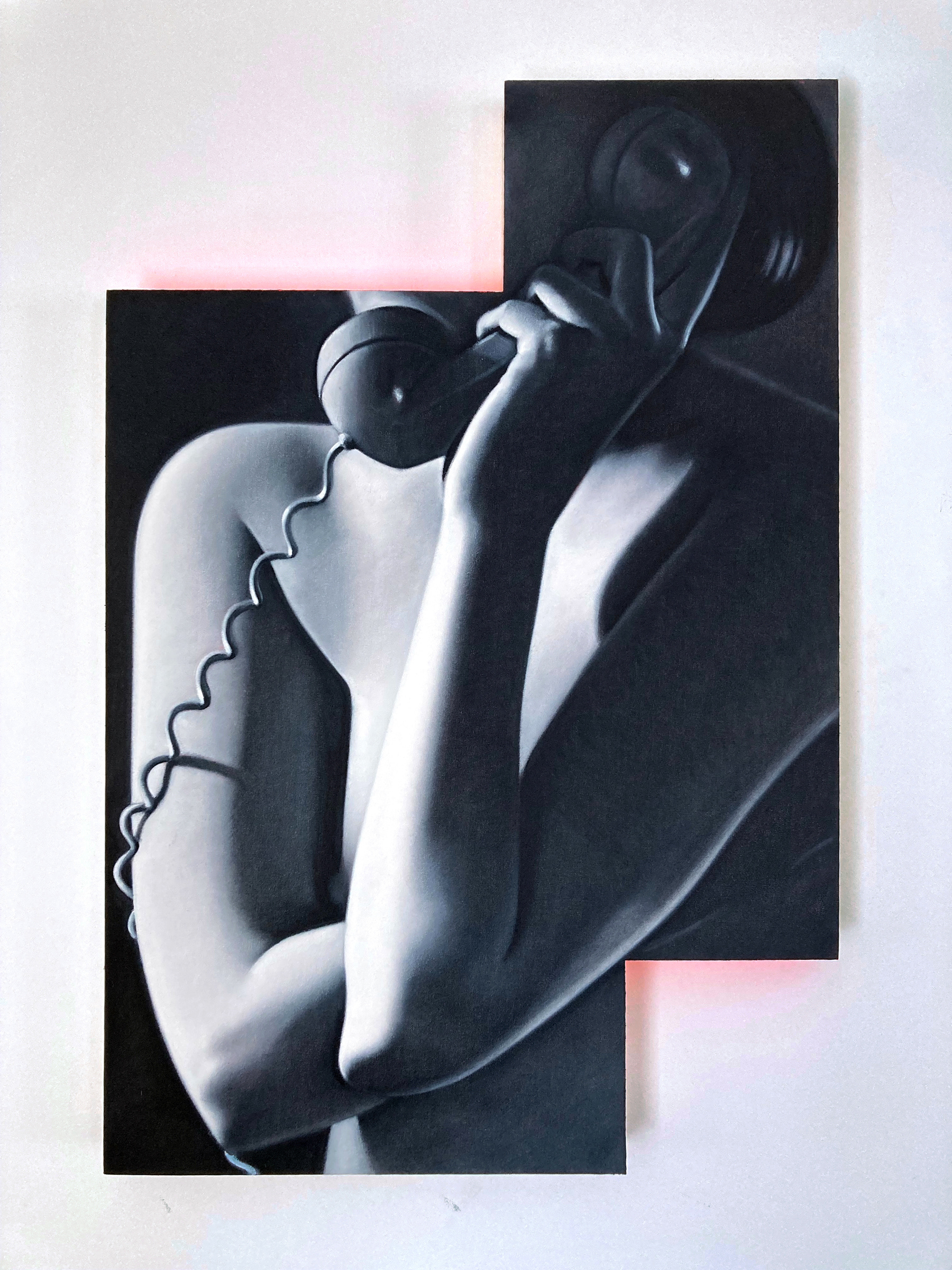 Hang Up, 36 x 24 in, oil on canvas w/ fluorescent acrylic on shaped panel, 2022