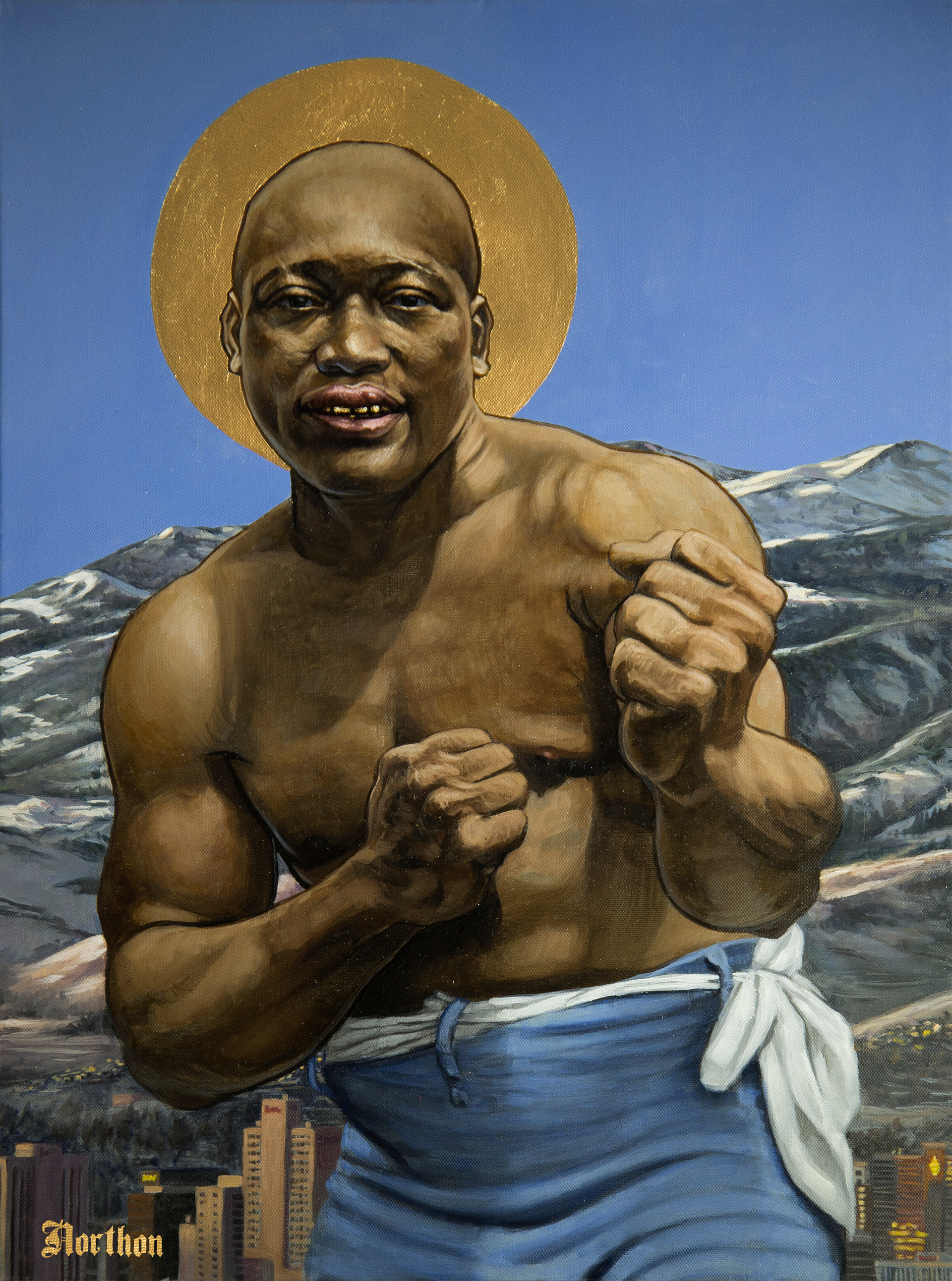JOHN ARTHUR JOHNSON (MARCH 31, 1878 – JUNE 10, 1946), NICKNAMED THE GALVESTON GIANT, WAS AN AMERICAN BOXER WHO, AT THE HEIGHT OF THE JIM CROW ERA, BECAME THE FIRST AFRICAN AMERICAN WORLD HEAVYWEIGHT BOXING CHAMPION. HE FOUGHT ‘THE FIGHT OF THE CENTURY’ VS. JIM JEFFERIES ON JULY 4, 1910, AT A RING BUILT JUST FOR THE OCCASION ON EAST 4TH STREET IN DOWNTOWN RENO. JOHNSON DOMINATED THE FIGHT. THE FIGHT BECAME AN ALLEGORY FOR RACISM IN AMERICA AND SET OFF RACE RIOTS THAT EVENING ALL ACROSS THE UNITED STATES. IN ALL, RIOTS OCCURRED IN MORE THAN 25 STATES AND 50 CITIES. AT LEAST TWENTY PEOPLE WERE KILLED, AND HUNDREDS MORE WERE INJURED. ON OCTOBER 18, 1912, JOHNSON WAS ARRESTED ON THE GROUNDS THAT HIS RELATIONSHIP WITH LUCILLE CAMERON (A WHITE WOMAN WHO LATER BECAME HIS WIFE) VIOLATED THE MANN ACT AGAINST "TRANSPORTING WOMEN ACROSS STATE LINES FOR IMMORAL PURPOSES”. JOHNSON WAS CONVICTED BY AN ALL-WHITE JURY IN JUNE 1913, DESPITE THE FACT THAT THE INCIDENTS USED TO CONVICT HIM TOOK PLACE BEFORE PASSAGE OF THE MANN ACT. HE WAS SENTENCED TO A YEAR AND A DAY IN PRISON. HE FLED THE COUNTRY FOR 7 YEARS. JOHNSON RETURNED TO THE U.S. ON JULY 20, 1920. HE SURRENDERED TO FEDERAL AGENTS AT THE MEXICAN BORDER AND WAS SENT TO LEAVENWORTH PENITENTIARY TO SERVE HIS SENTENCE IN SEPTEMBER 1920. HE WAS RELEASED ON JULY 9, 1921. JOHNSON WAS POSTHUMOUSLY PARDONED ON MAY 24, 2018 (COINCIDENTALLY WHILE I WAS PAINTING THIS PAINTING) JACK JOHNSON FOUGHT, LITERALLY AND FIGURATIVELY, TO BECOME ONE OF THE MOST POWERFUL MEN ON THE PLANET WHO DID WHAT HE WANTED TO DO WITH GRACE AND POISE WHILE DARING ANY MAN TO TRY AND STOP HIM IN A TIME WHEN ALMOST ALL OF WHITE AMERICA TRIED TO STOP HIM.