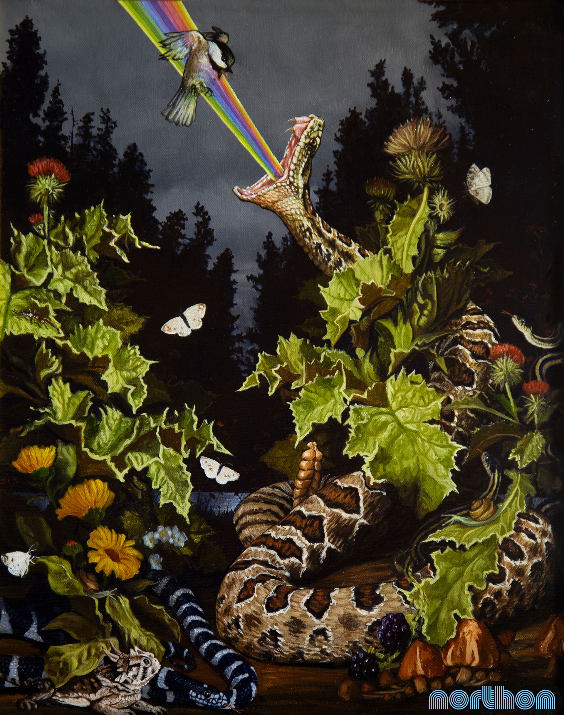 The Sweet Bird of Youth Descends Upon The Undergrowth, Chickadee vs. Rattlesnake, Oil Painting by artist Jaxon Northon