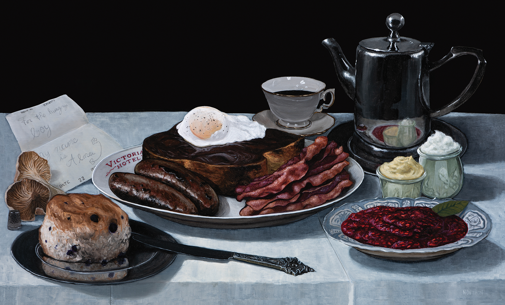Painting of the Breakfast scene between Daniel Day Lewis and Vicky Krieps in The Phantom Thread for the book 'Paul Thomas Anderson: Masterworks' by artist Jaxon Northon