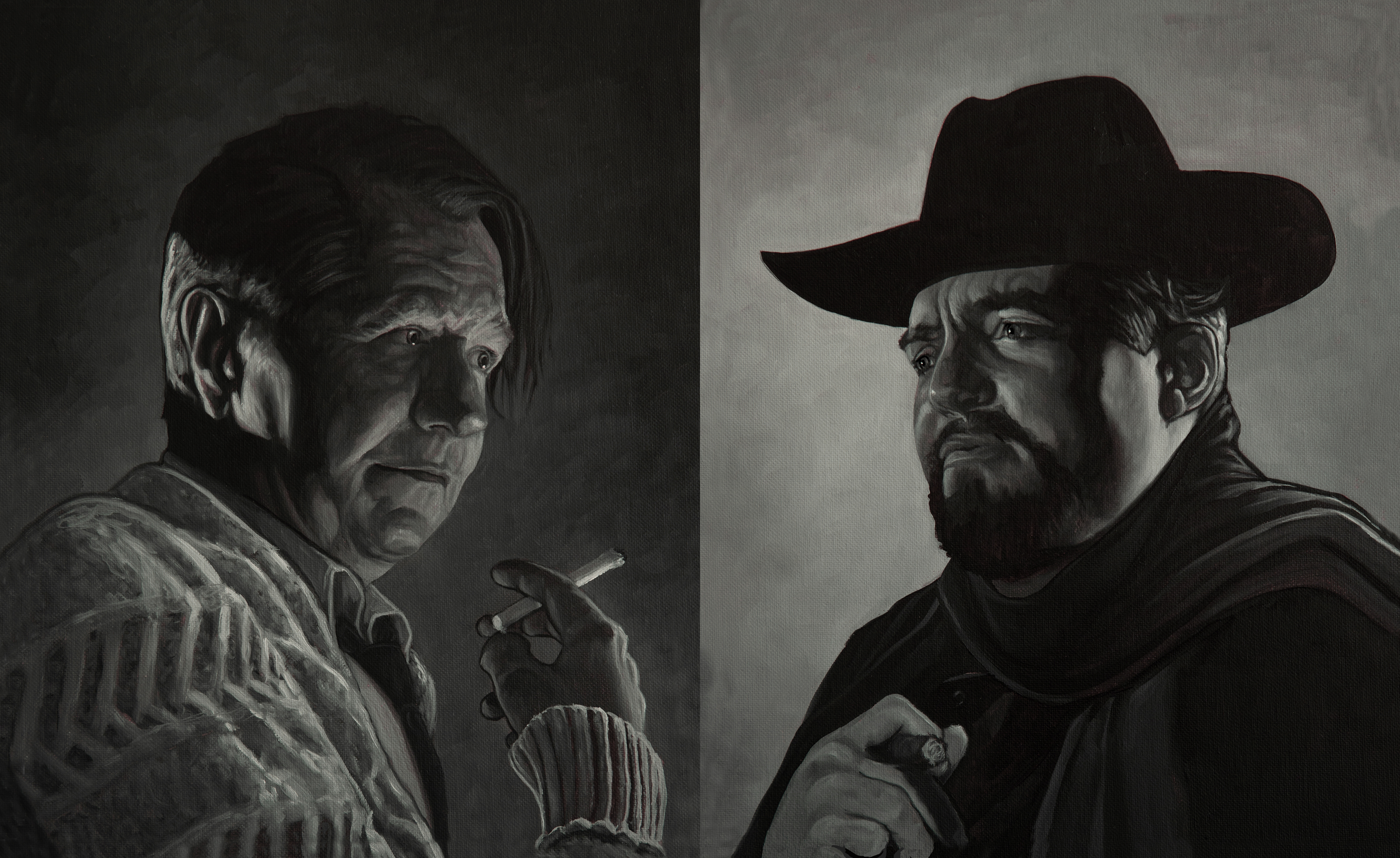Diptych Portrait of Gary Oldman and Tom Burke as Herman J. Mankiewicz and Orson Welles from the David Fincher film, "Mank". Illustration for the book 'David Fincher: Mind Games' by Adam Nayman by artist Jaxon Northon