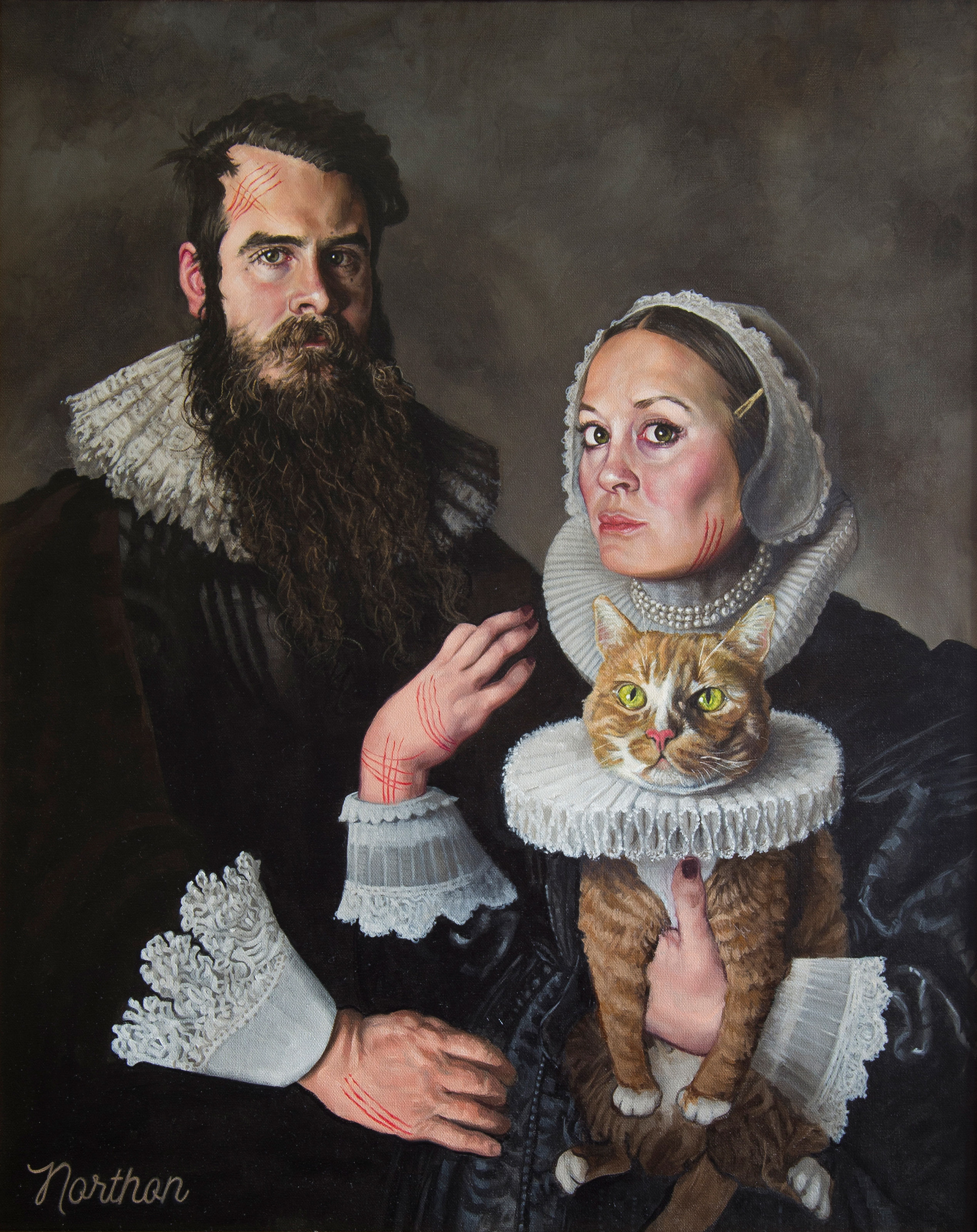 Portrait of Abbey, Steve, and Kitten Little in Dutch Ruffs, Private Commissioned Portrait, Oil Paint, Reno, Nevada, Jaxon Northon