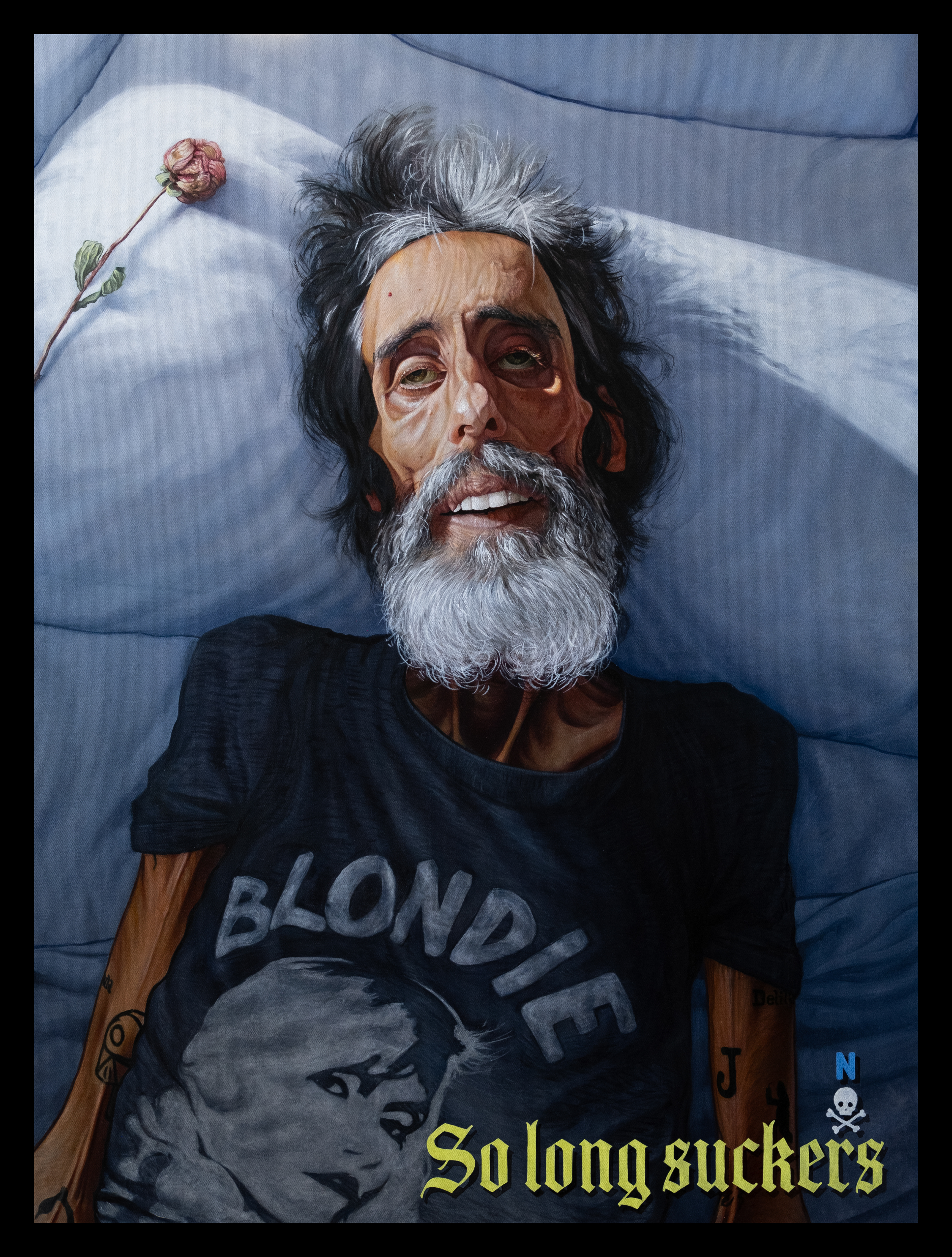"So Long Suckers", A portrait of André Ricciardi post-mortem, from the film, 'André is an Idiot', Oil on Canvas, 48"x 36" inches