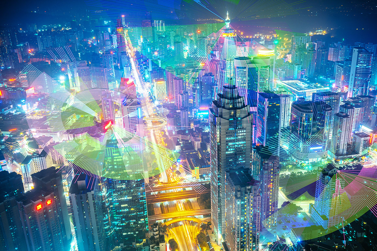 Base image collage for lead story depicts a smart city in an optimistic future.