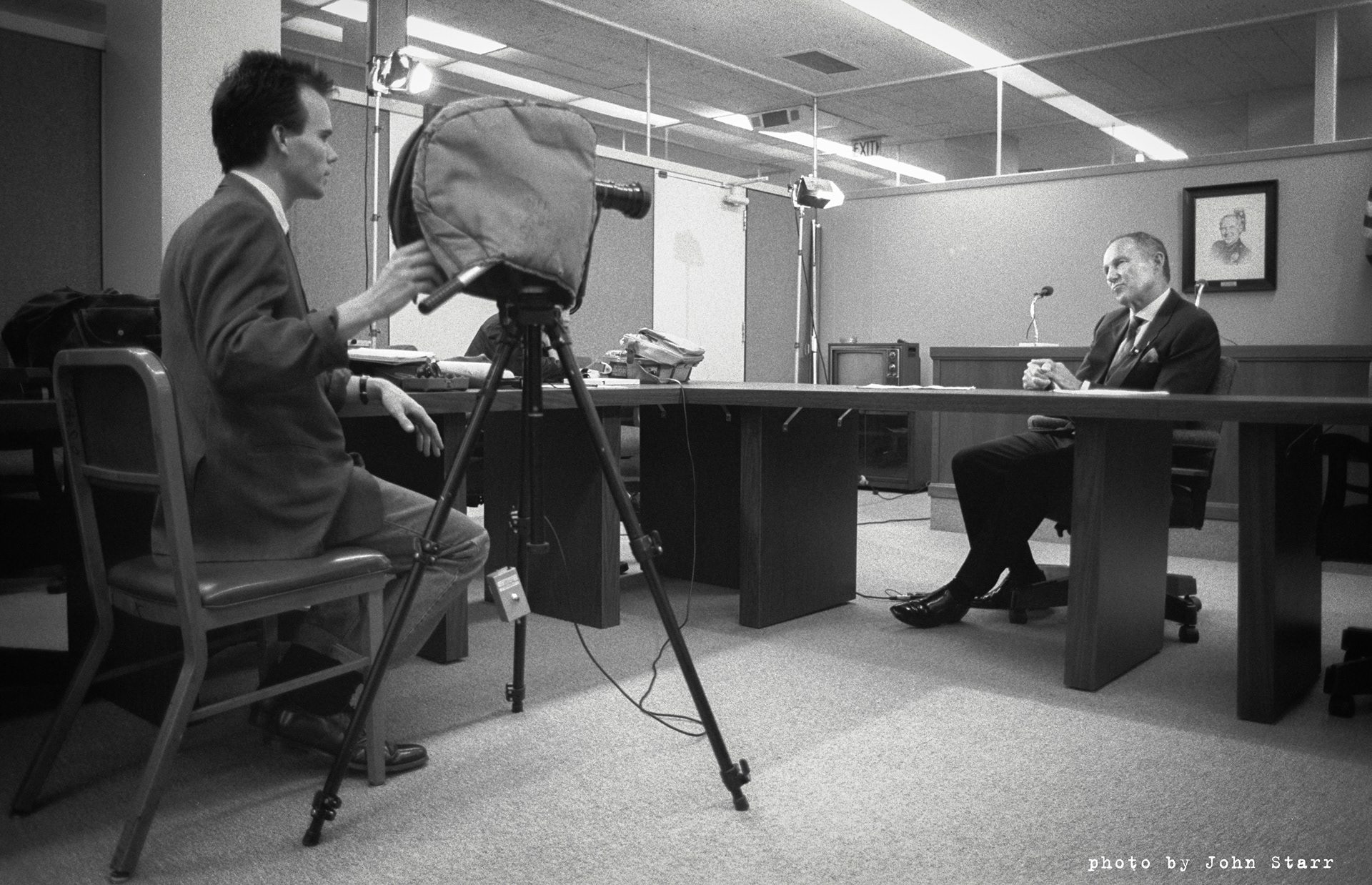 Interviewing on film LAPD Chief Daryl Gates after the Rodney King beating at police headquarters • Los Angeles