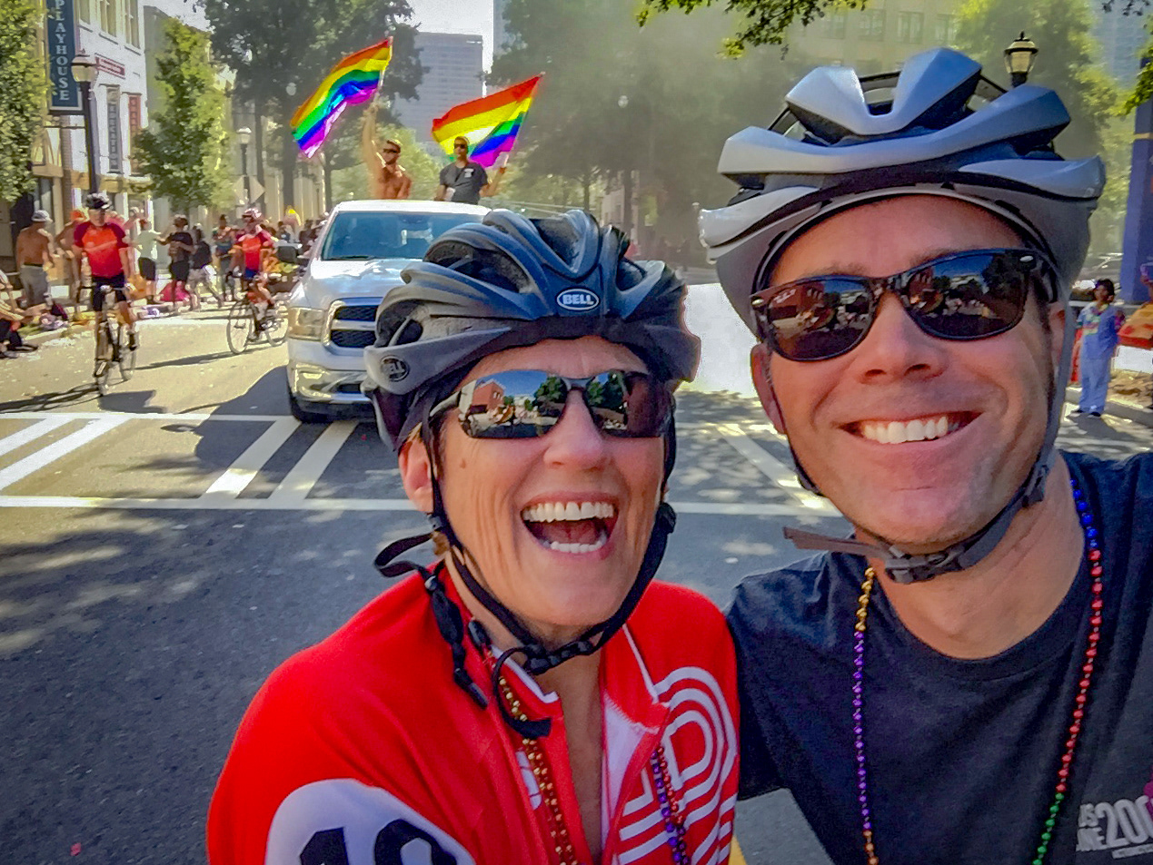 Selfie! - AIDS VACCINE 200 riders Debra Snell & Clay Walker in the Pride Parade • Atlanta