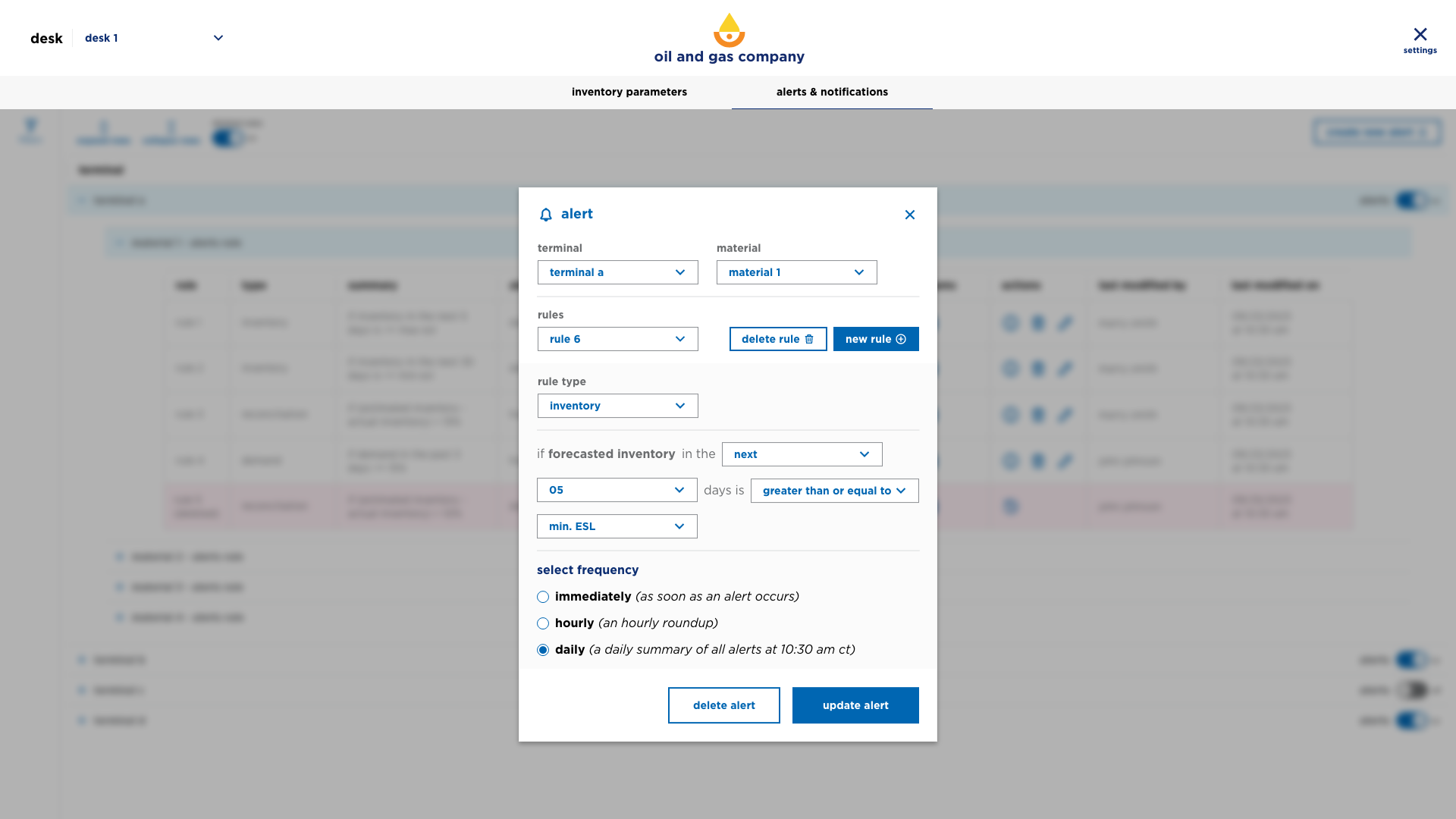 Alert Creation modal, filled up form - Hi Fi prototype