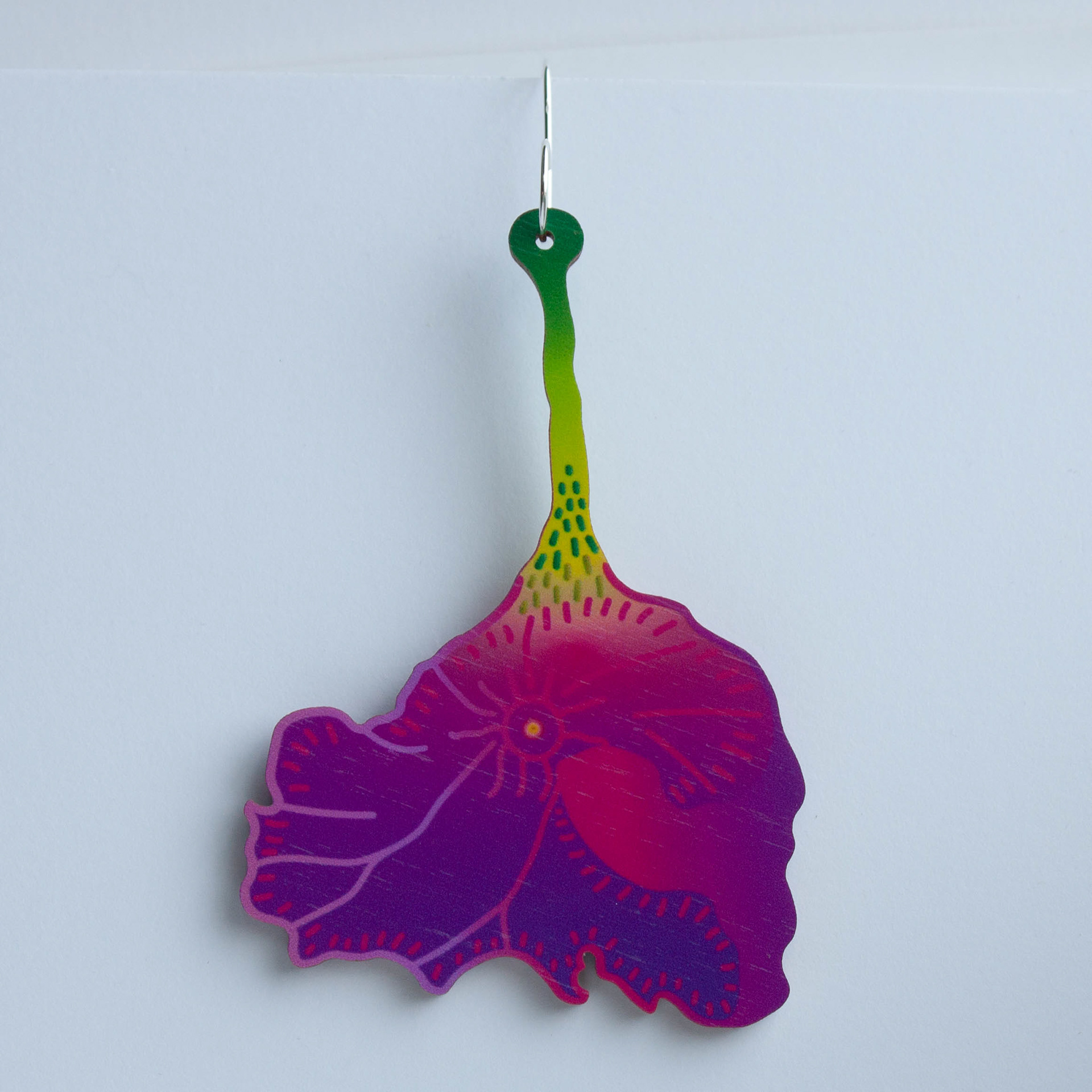 Purple punch -earrings (silver-plated copper), 102 x 54 x 3 mm, 23€ / pair