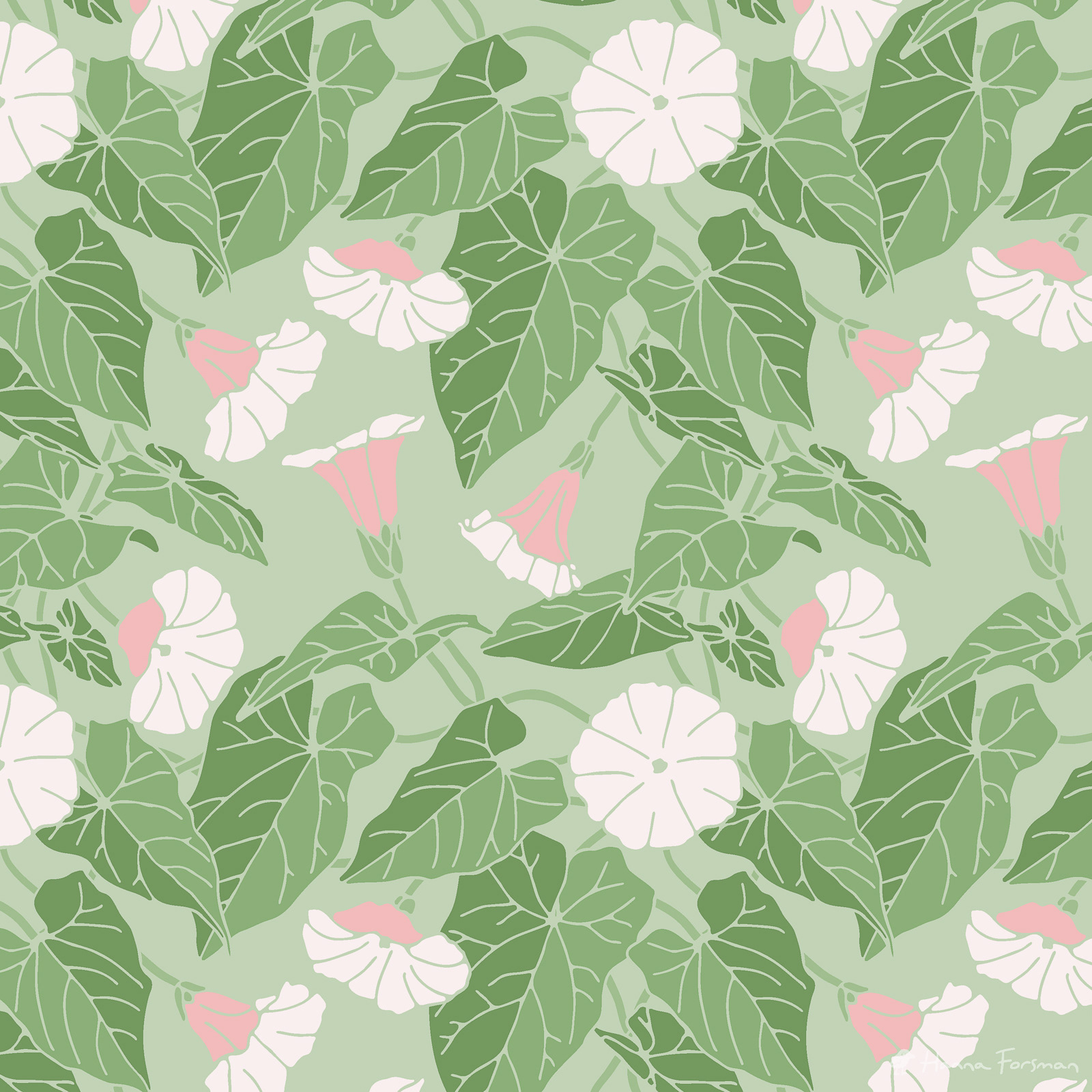 Seamless vector pattern with climbing florals shown in five-colour palette.
