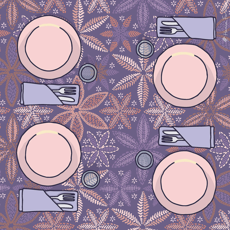 Embroidery-mimicing surface design in table setting – pattern used on tablecloth mockup.