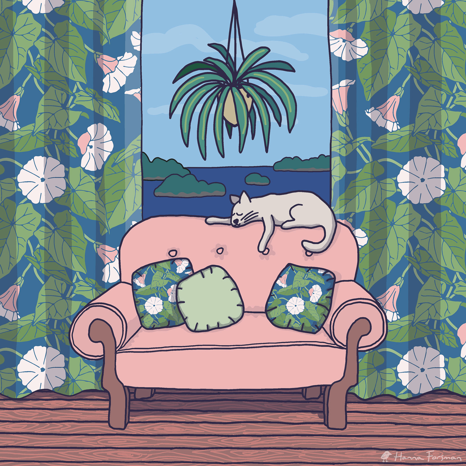 Grand floral pattern used on curtains and cushions – interior mockup.