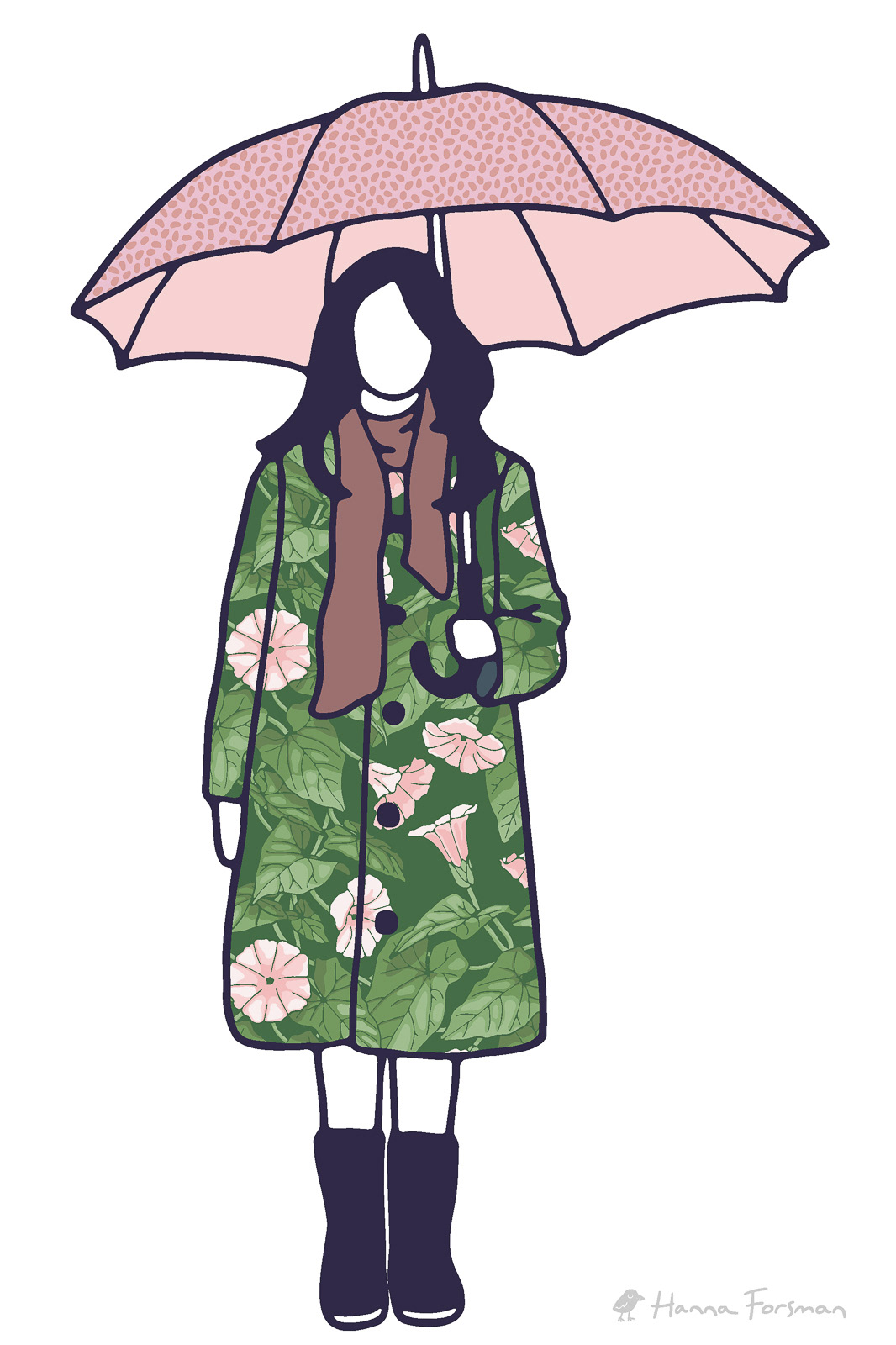 Botanical morning glory pattern in rainy day fashion – mockup featuring printed coat.