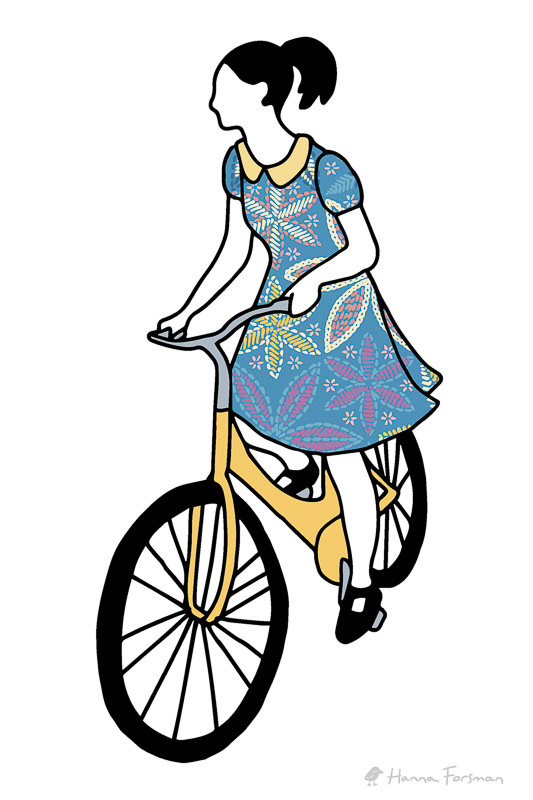 Embroidery-mimicing surface pattern on summer dress – mockup with bicycle scene.