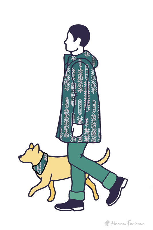 Folklore-inspired pattern design used in outdoor clothing and dog accessories – jacket and dog bandana mockup.