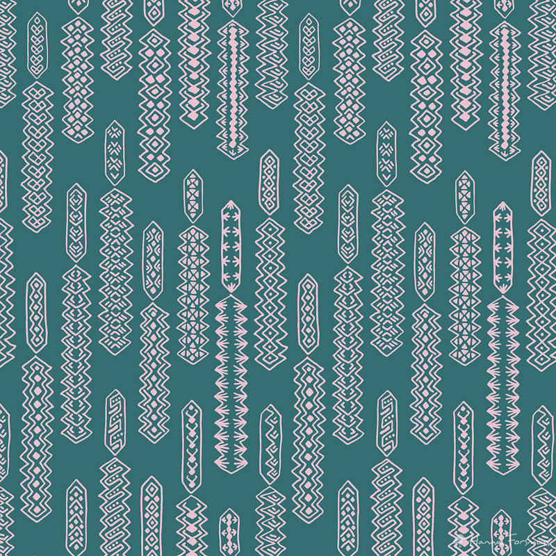 Scalable folklore-inspired nature pattern design shown in two-colour variation.