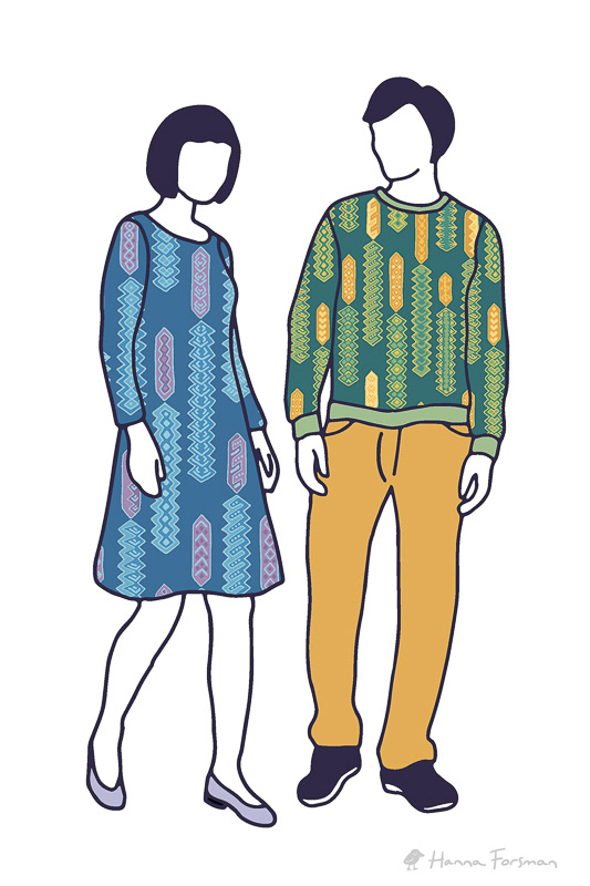 Seamless pattern applied to fashion mockups – woman’s dress and man’s sweatshirt in different colours and scales.