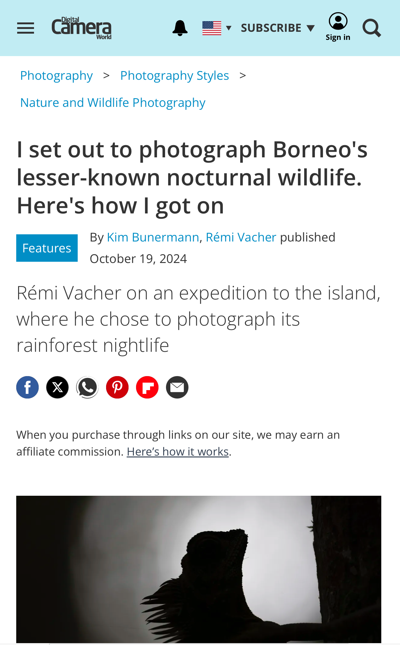 Photo story on Borneo's lesser-known nocturnal wildlife captured by Rémi Vacher, featured in Digital Camera World on October 19, 2024.