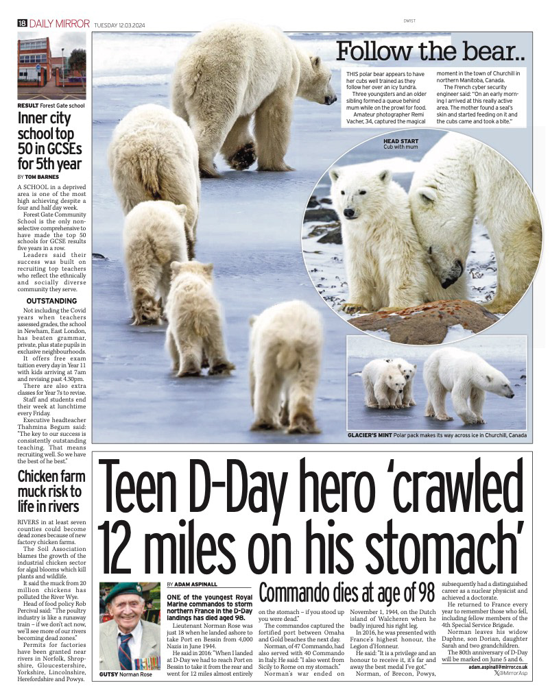 Polar bear images captured by Rémi Vacher, featured in the Daily Mirror newspaper, published on March 12, 2024.