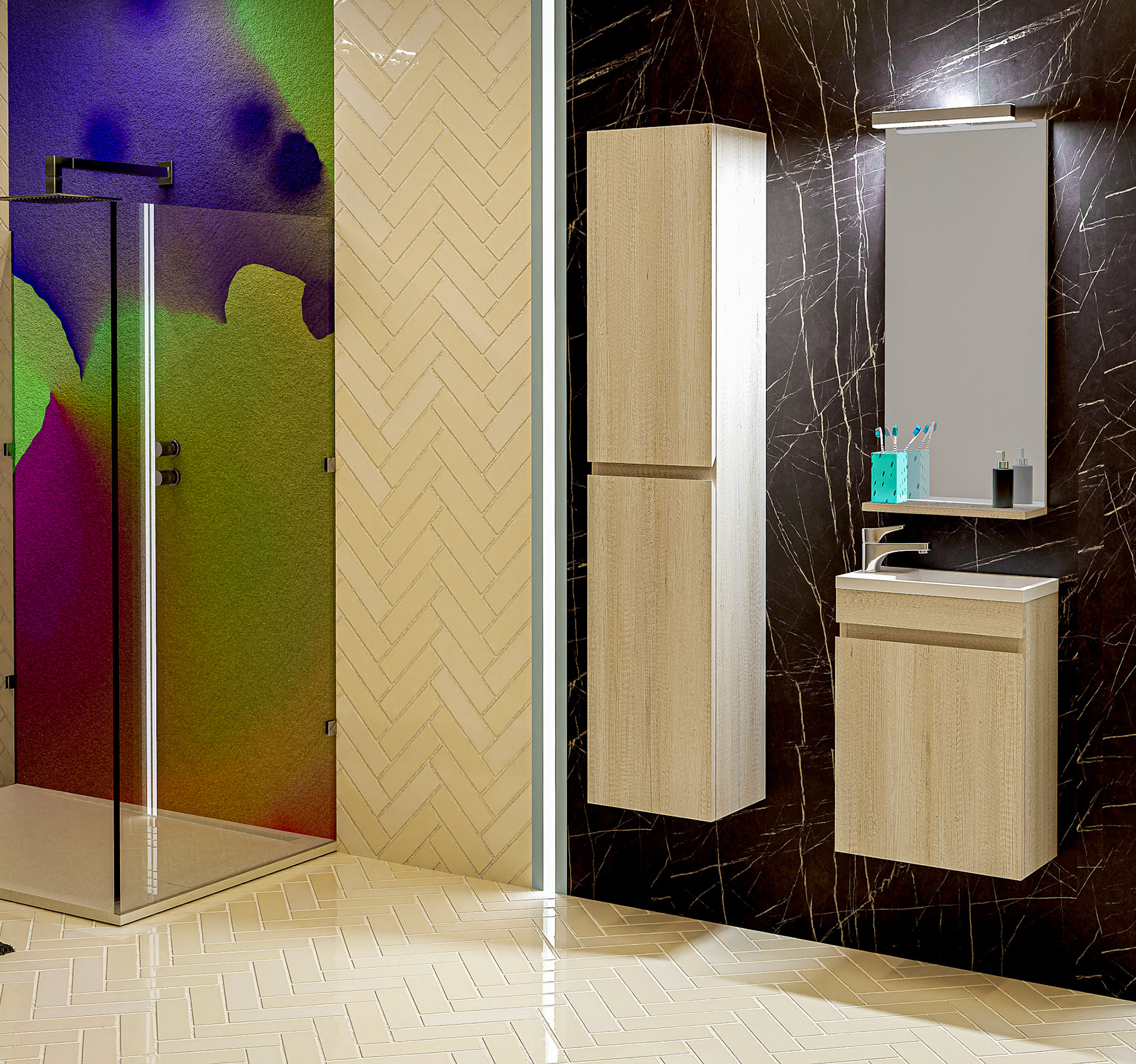 Bonsai Furniture, Bonsai sink, Bonsai mirror with shelf and T1 column.