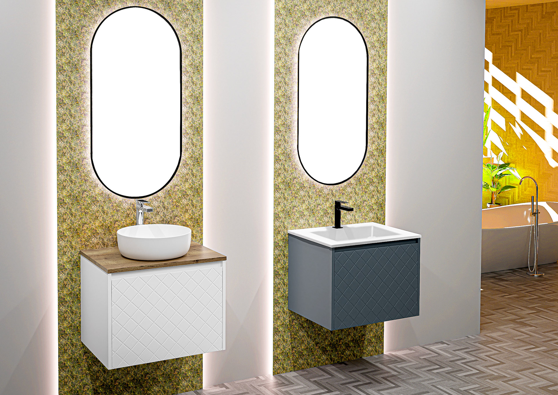 2 diamante furnitures matt lacquered white and antracita. with worktop finished tabaco and sink circus on worktop and niza sink 60. 2  Aina mirrors Leds..