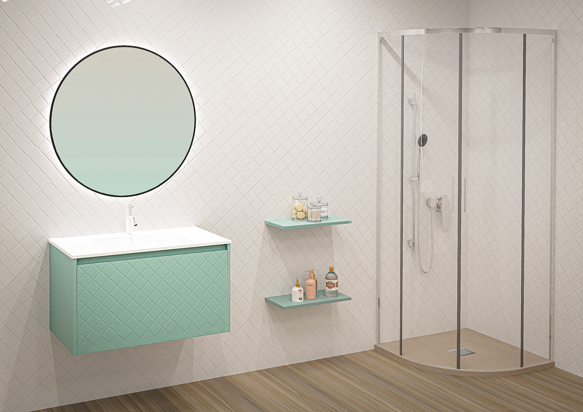 Diamante furniture, mirror Ena led and shower tray Nature Rincon