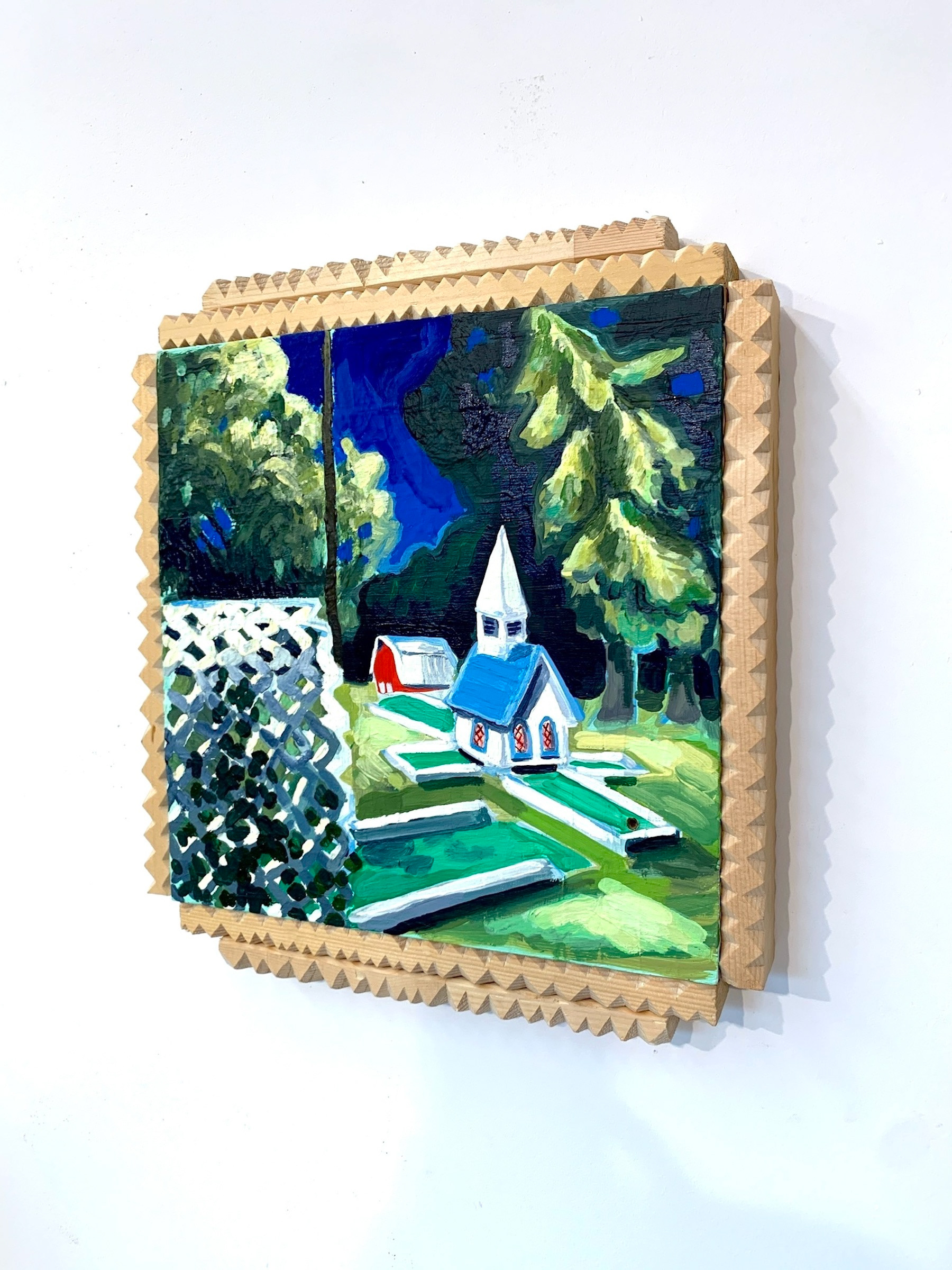 "Hole-y" 13 in x 14 in, pine, acrylic and vinyl on panel