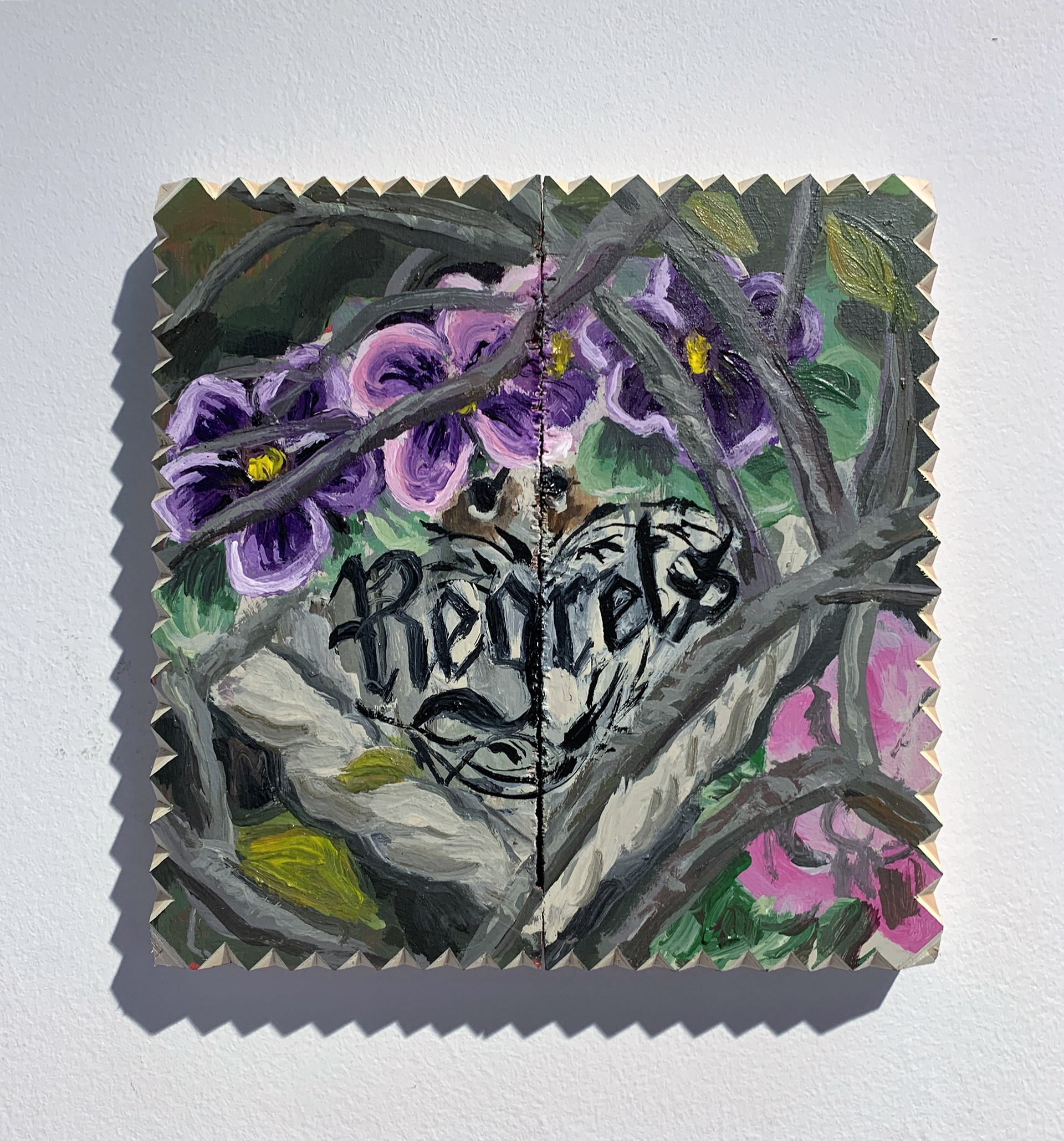 "Regrets", 8 in x 8 in, acrylic, latex and vinyl on wood