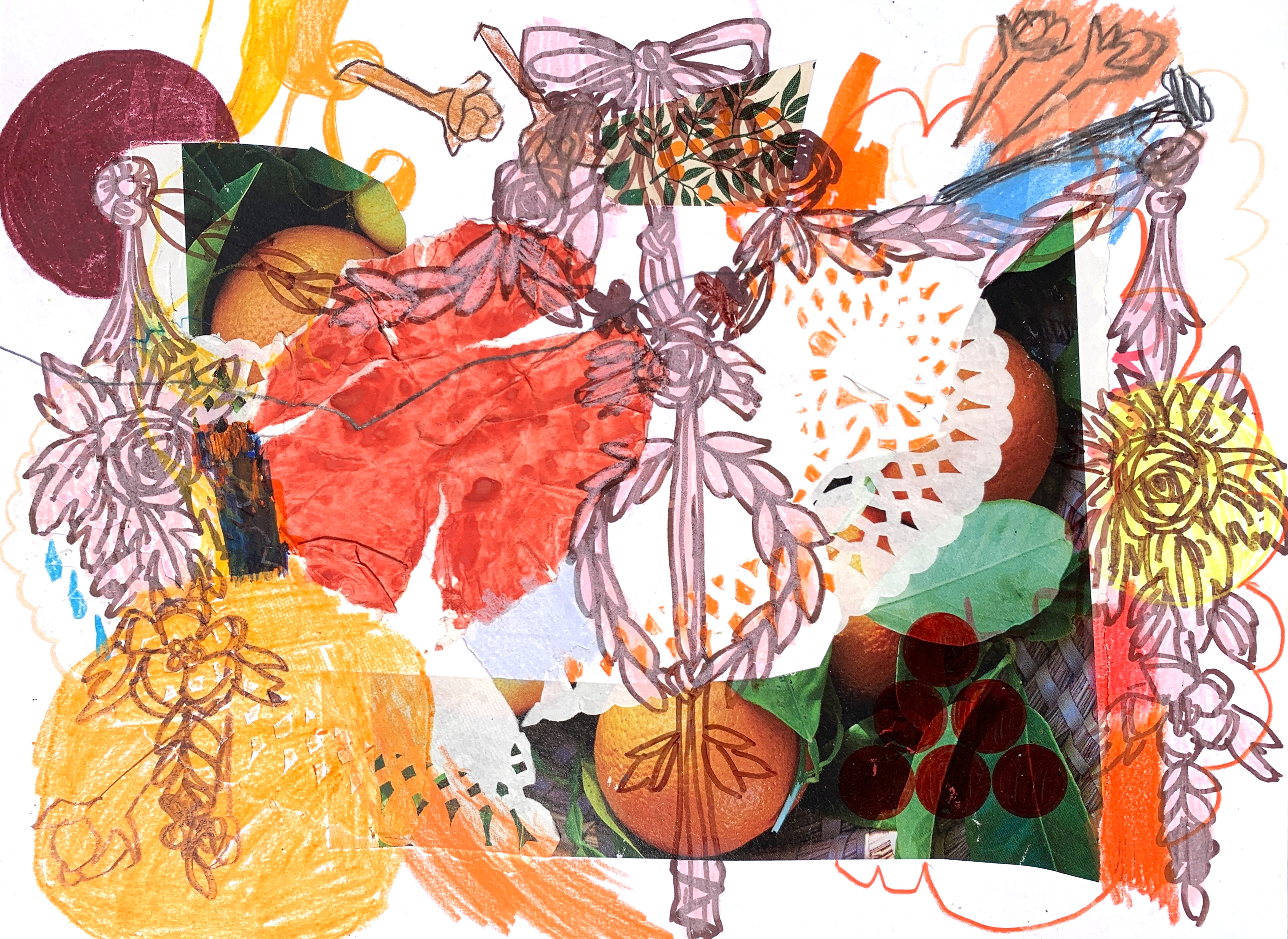 "Orange Crushed" 8.5 in x 11 in, colored pencil, crayon, marker, graphite, doilies, fruit wrap, and collage on paper, 2026