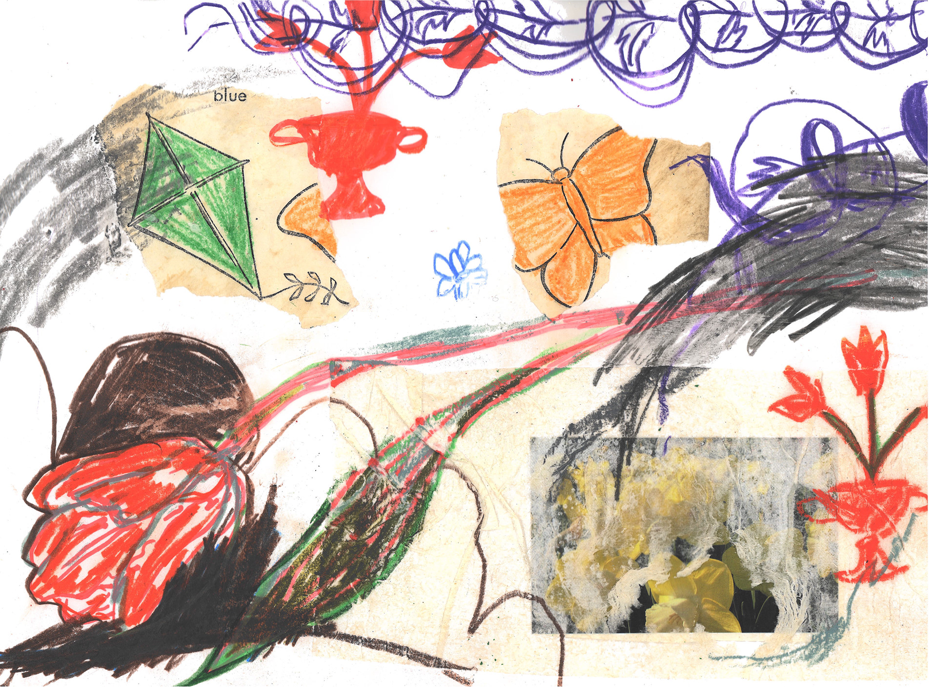 "Striving After the Wind" 8.5 in x 11 in, colored pencil, graphite, marker, toiler paper and collage on paper, 2023