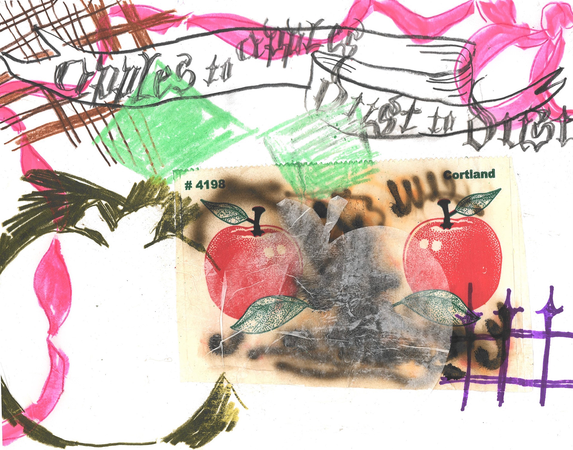 "Apples-to-Apples, Dust-to-Dust" 8.5 in x 11 in, colored pencil, graphite, marker and collage on paper, 2023
